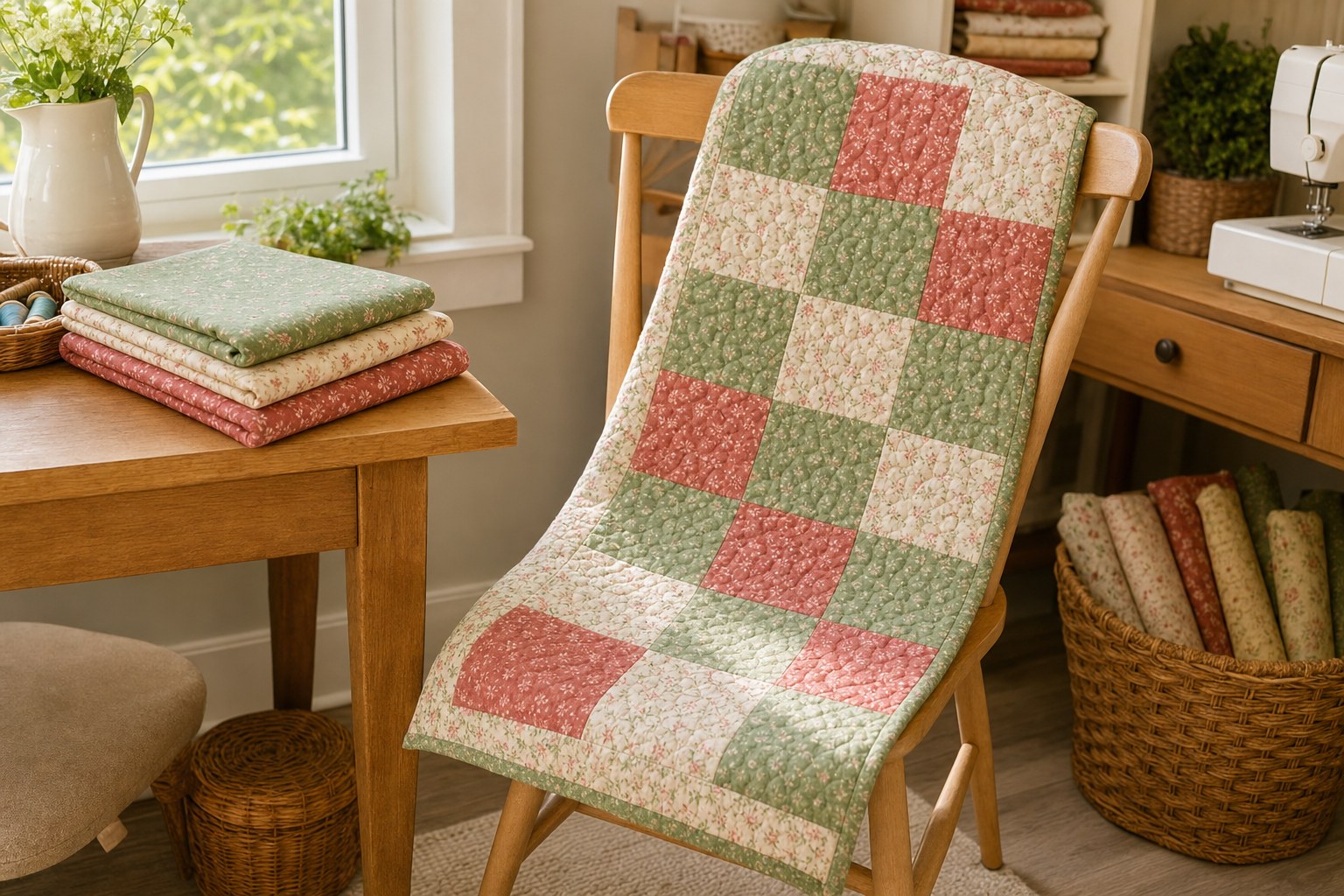 Finished small patchwork quilt draped over a wood chair with matching fabric beside it