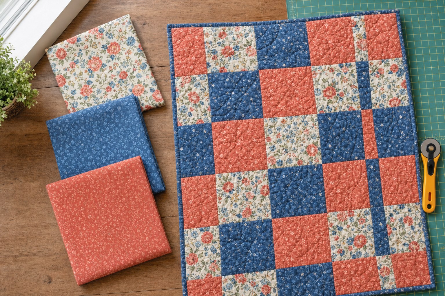 Three folded quilting cotton cuts beside a finished coral, blue, and floral patchwork lap quilt
