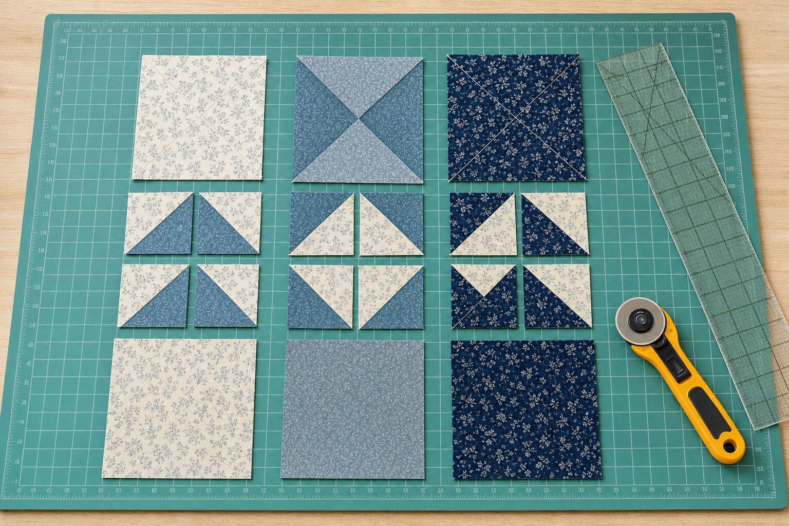Three light, medium, and dark quilting fabrics cut into neat quilt block pieces on a cutting mat
