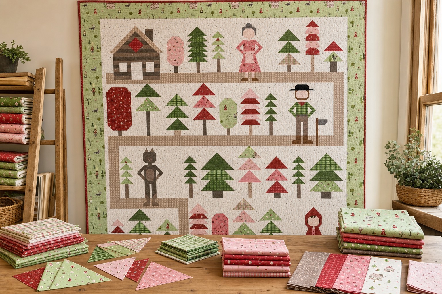 Through The Woods quilt displayed on a quilt wall with coordinating fabric pieces on a cutting table