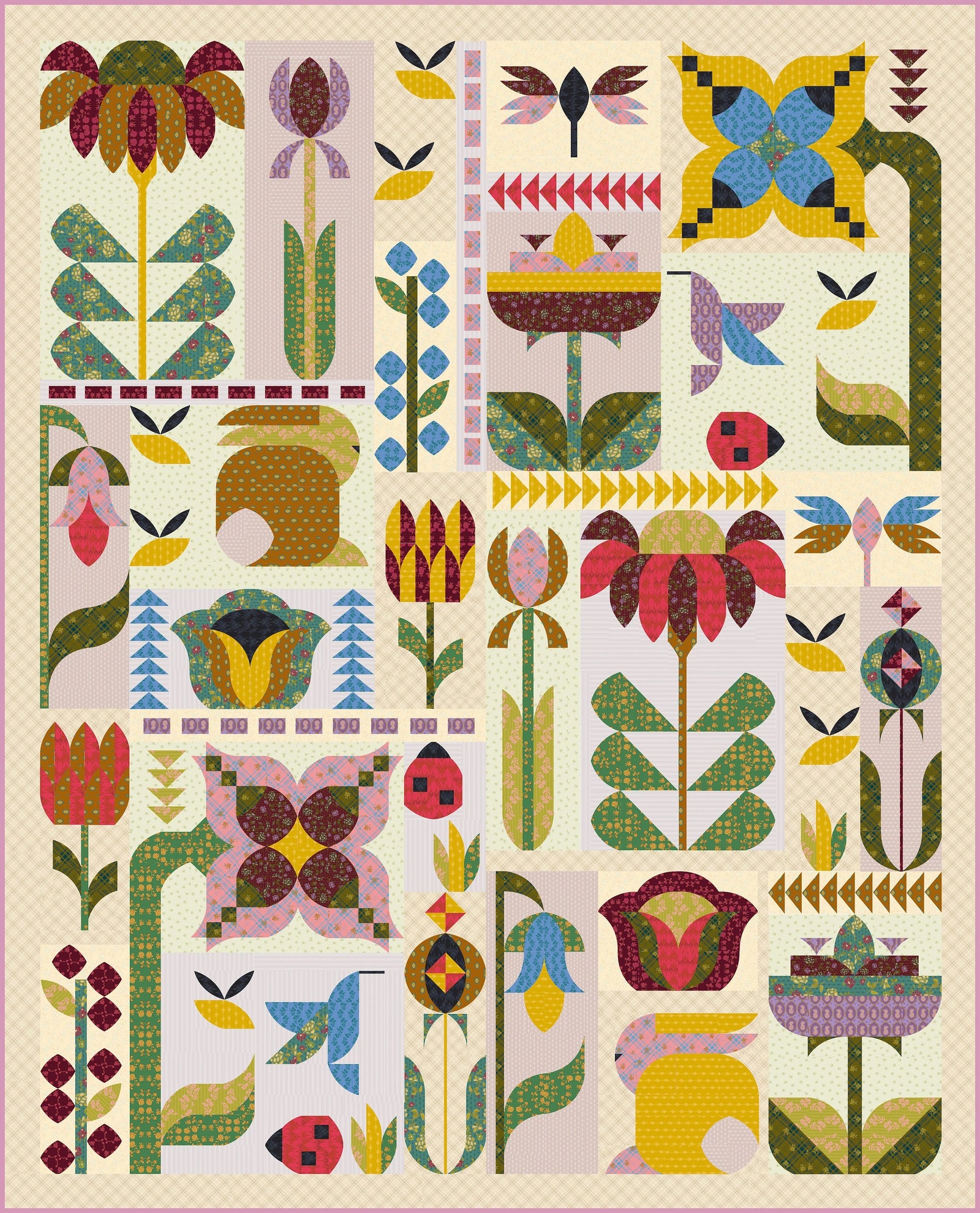 A quilt pattern beside finished geometric patchwork