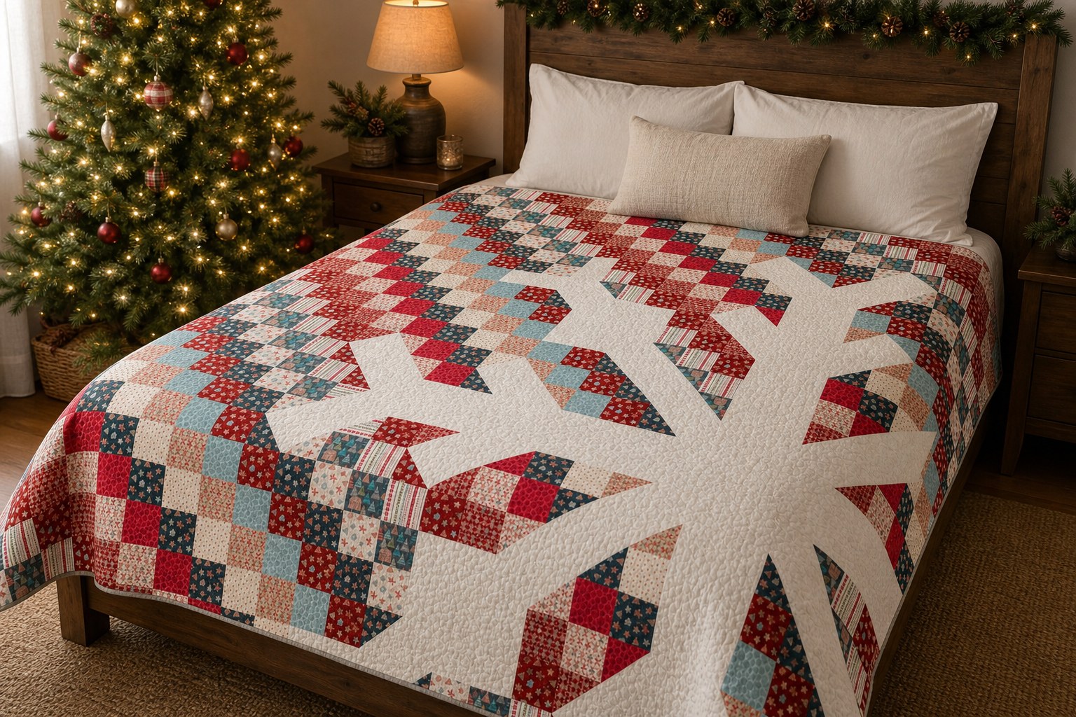 Snowflake quilt in a Christmas room, with the original edge-cut pattern