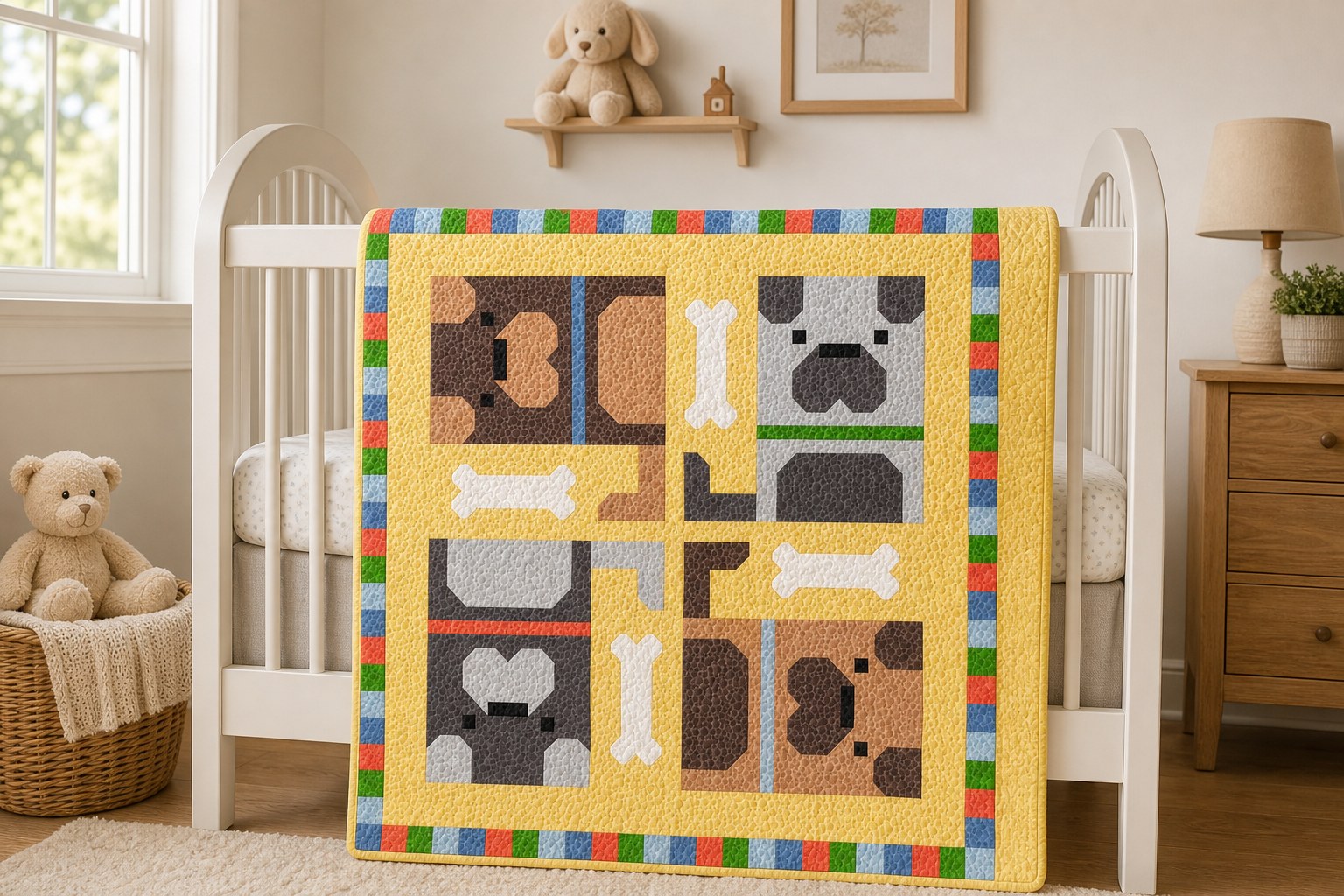 Dog Pile quilt in its yellow colorway draped over a nursery crib