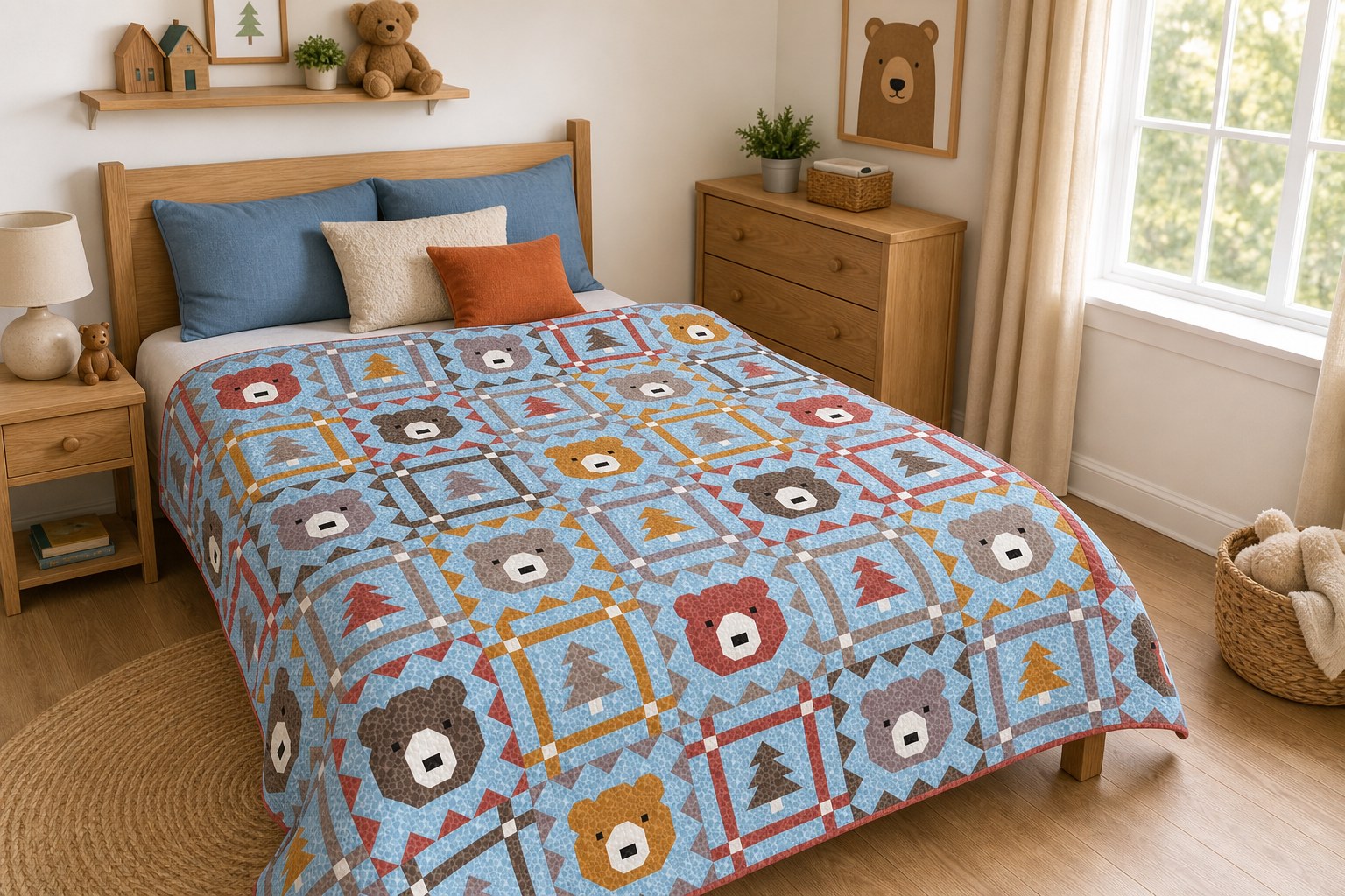 Grizzly Grove quilt in its blue colorway on a queen bed in a child’s room