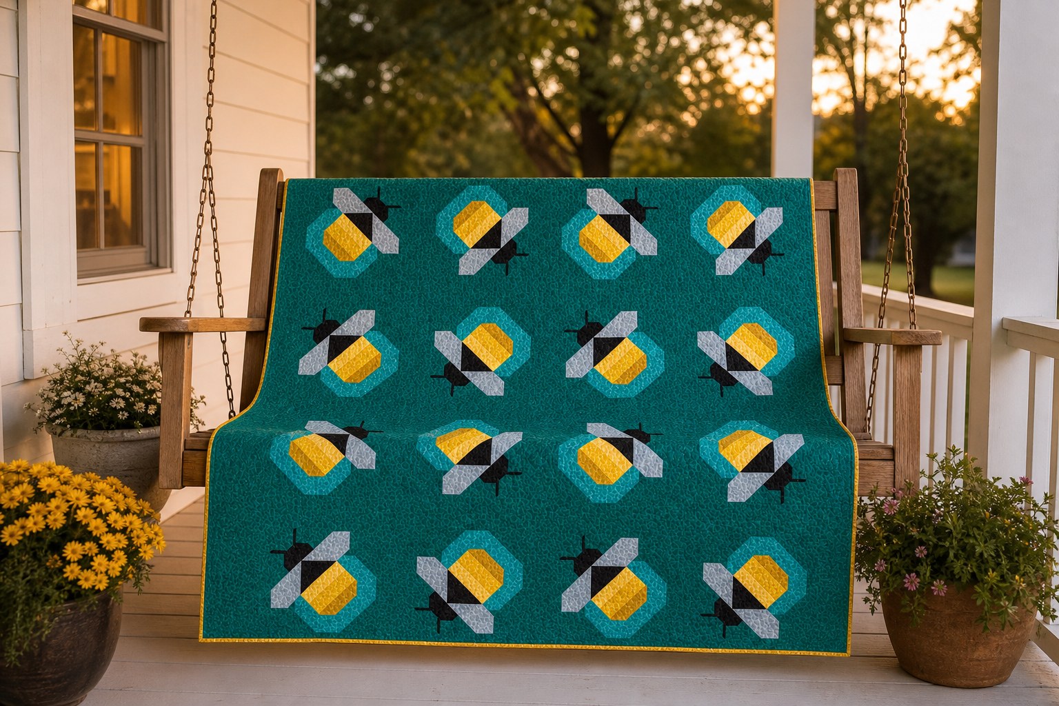 Firefly quilt in its teal colorway draped over a front porch swing