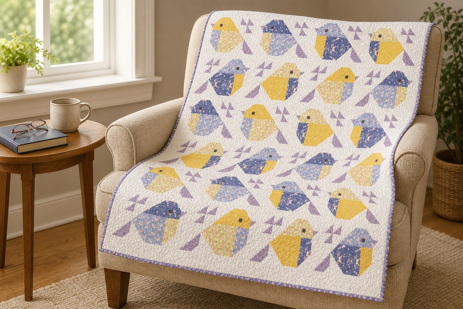 Sparrows quilt in its blue and yellow colorway on an armchair beside a reading table