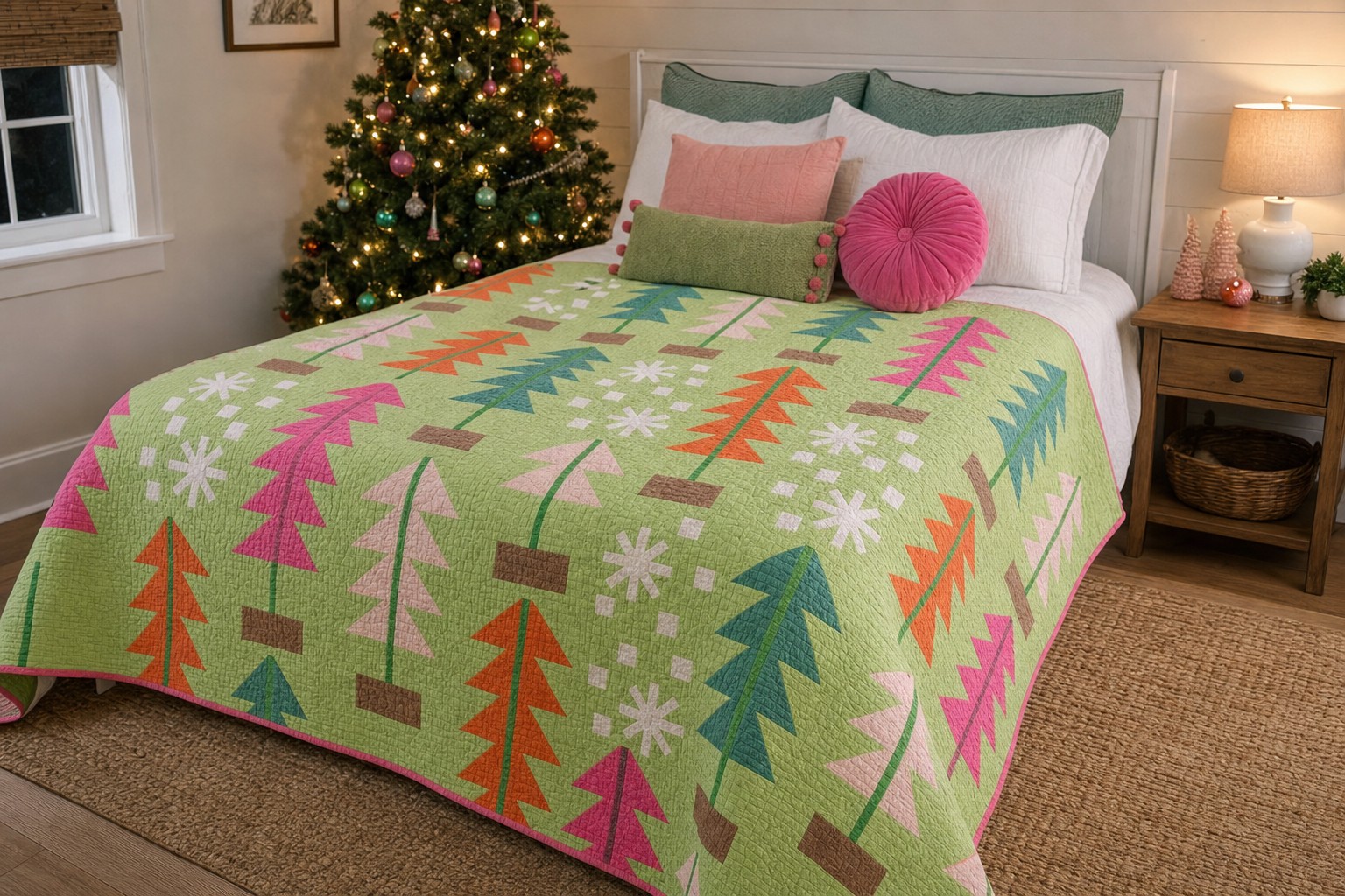 All Spruced Up quilt in its green colorway in a coordinated Christmas bedroom