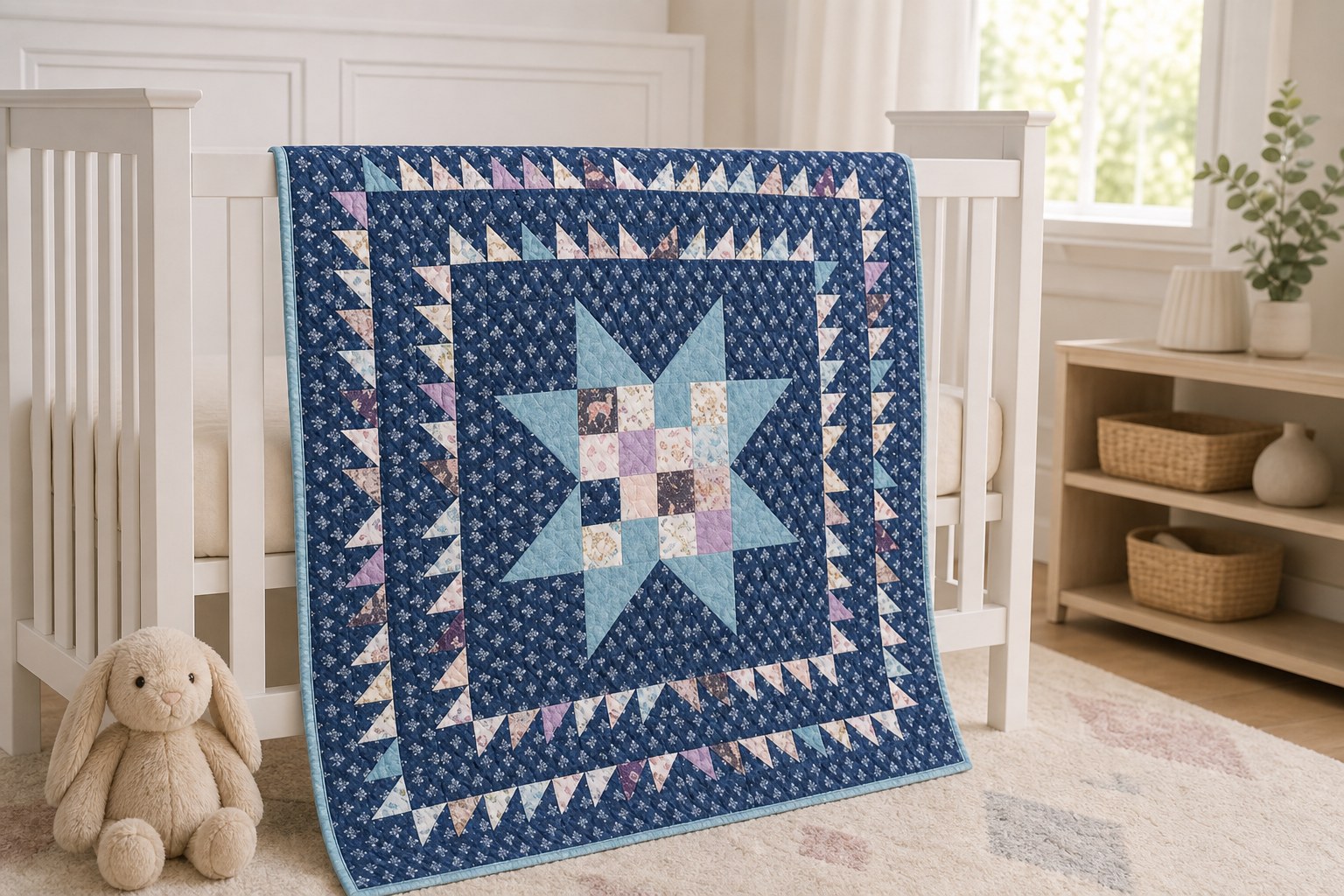 Poppie Cotton Little Star quilt in its navy colorway draped over a nursery crib