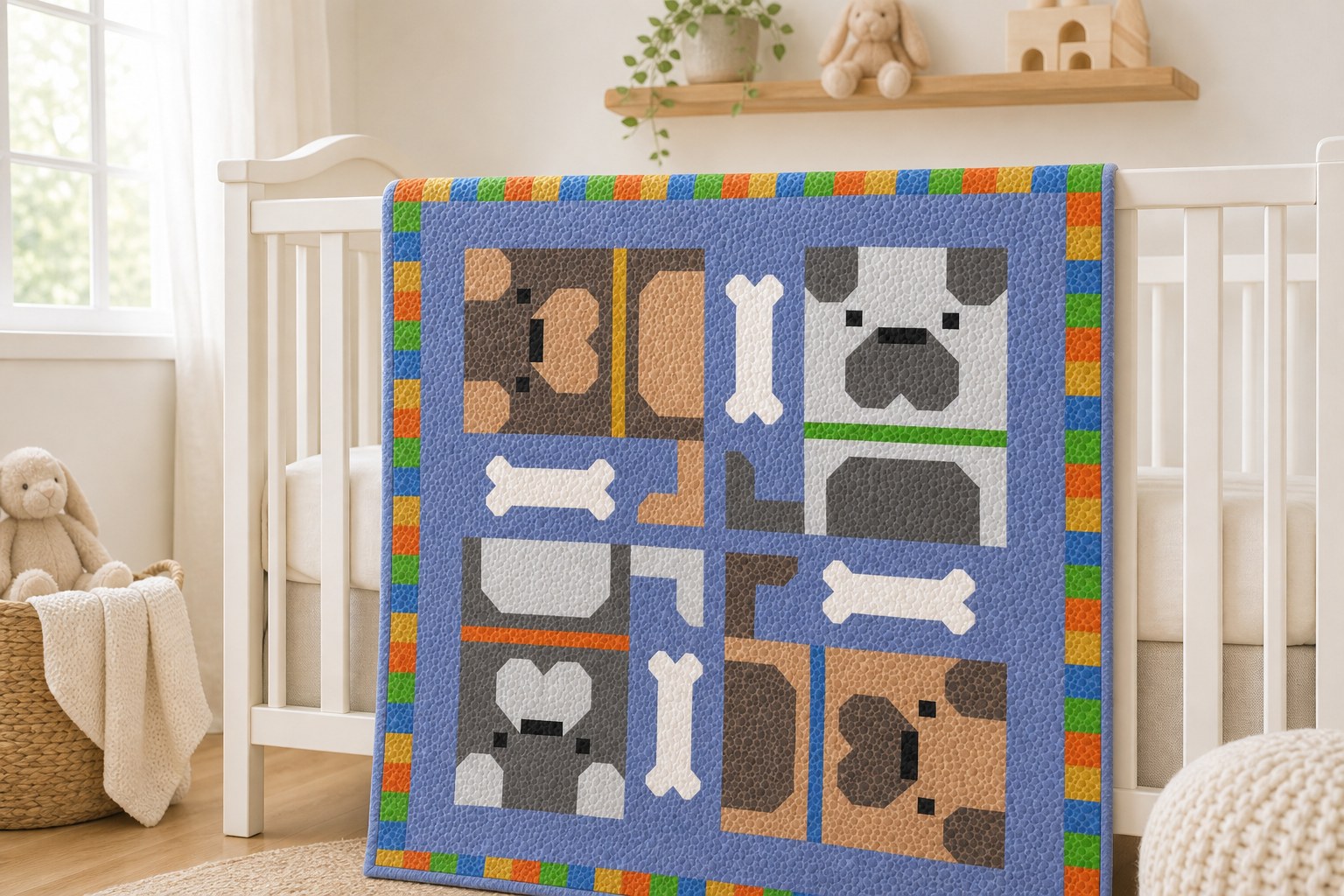 Dog Pile quilt in its blue colorway draped over a nursery crib