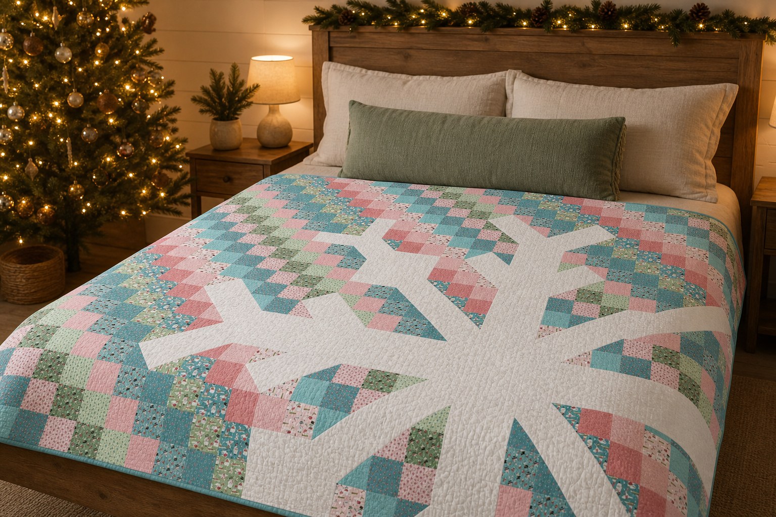 Snowflake quilt in a Christmas room, with the original edge-cut pattern