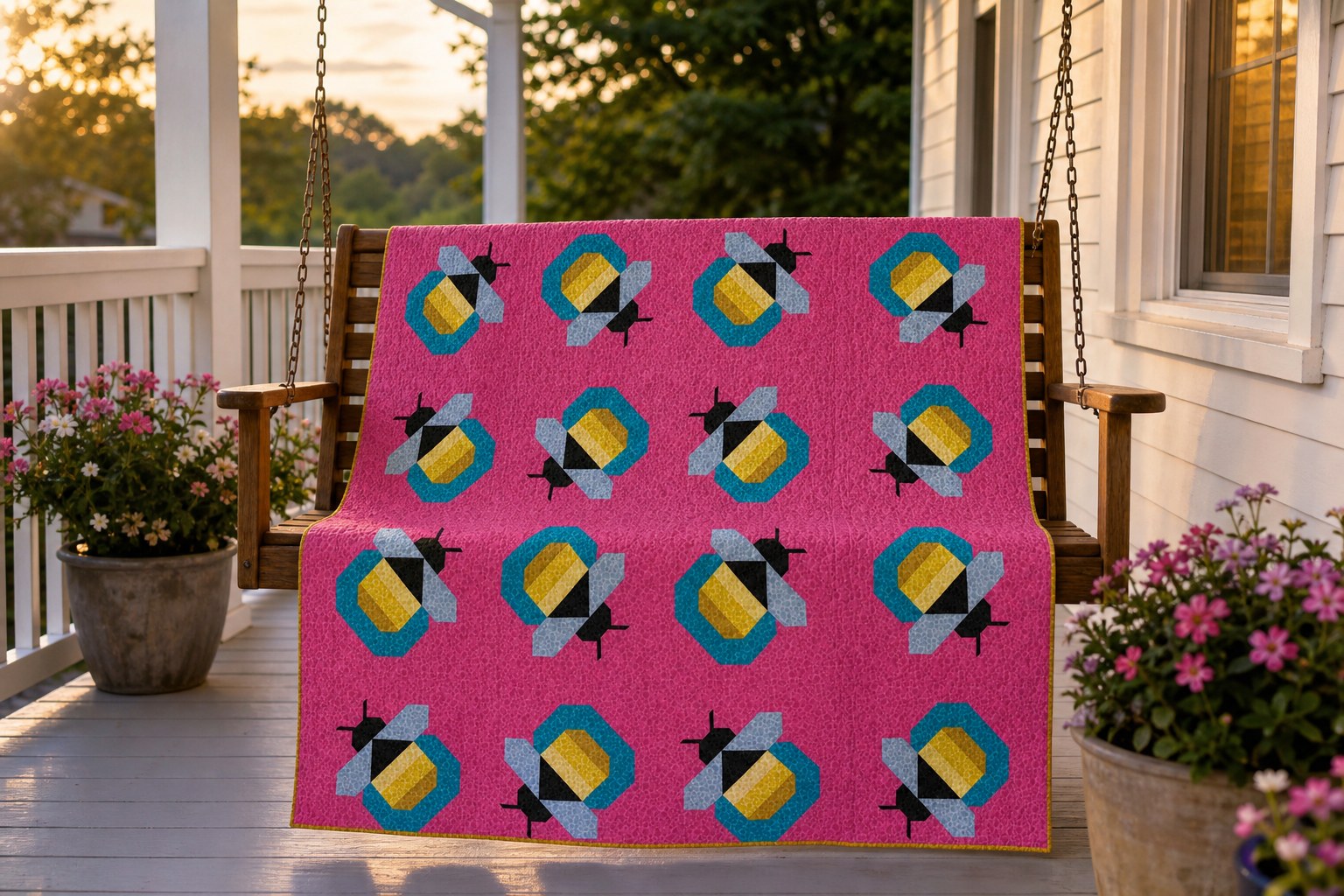Firefly quilt in its pink colorway draped over a front porch swing