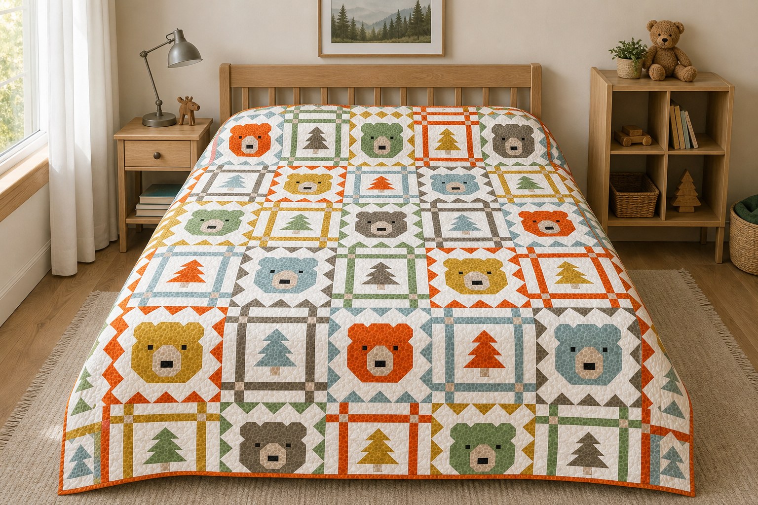 Grizzly Grove quilt in its cream and orange colorway on a queen bed in a child’s room