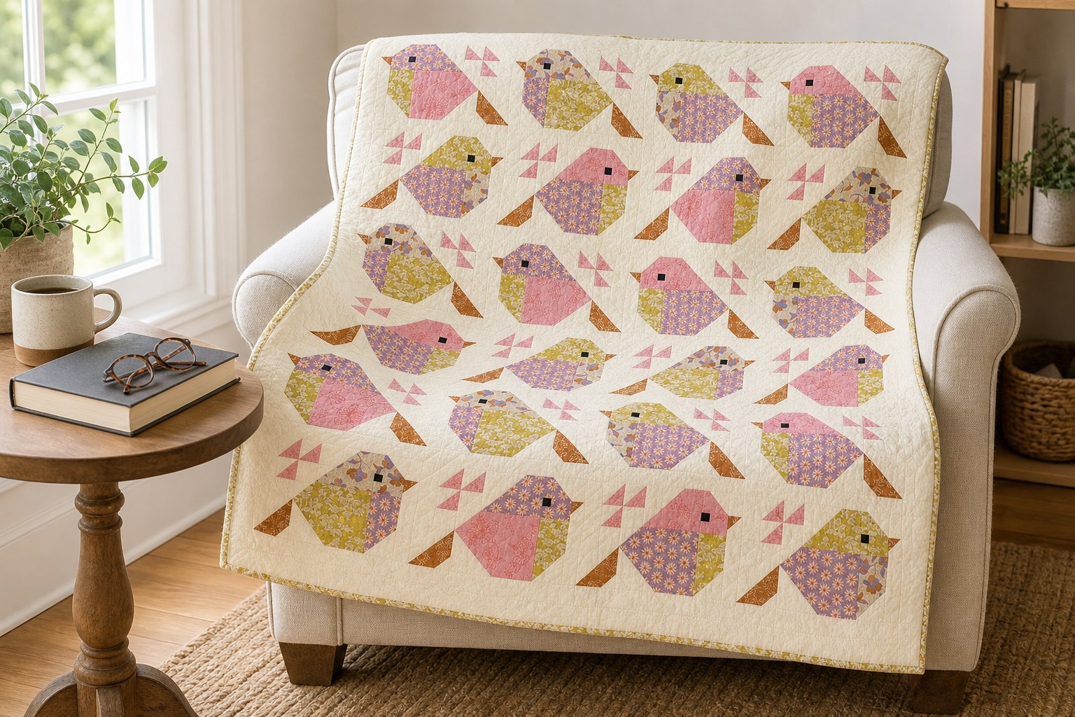 Sparrows quilt in its pink and yellow colorway on an armchair beside a reading table