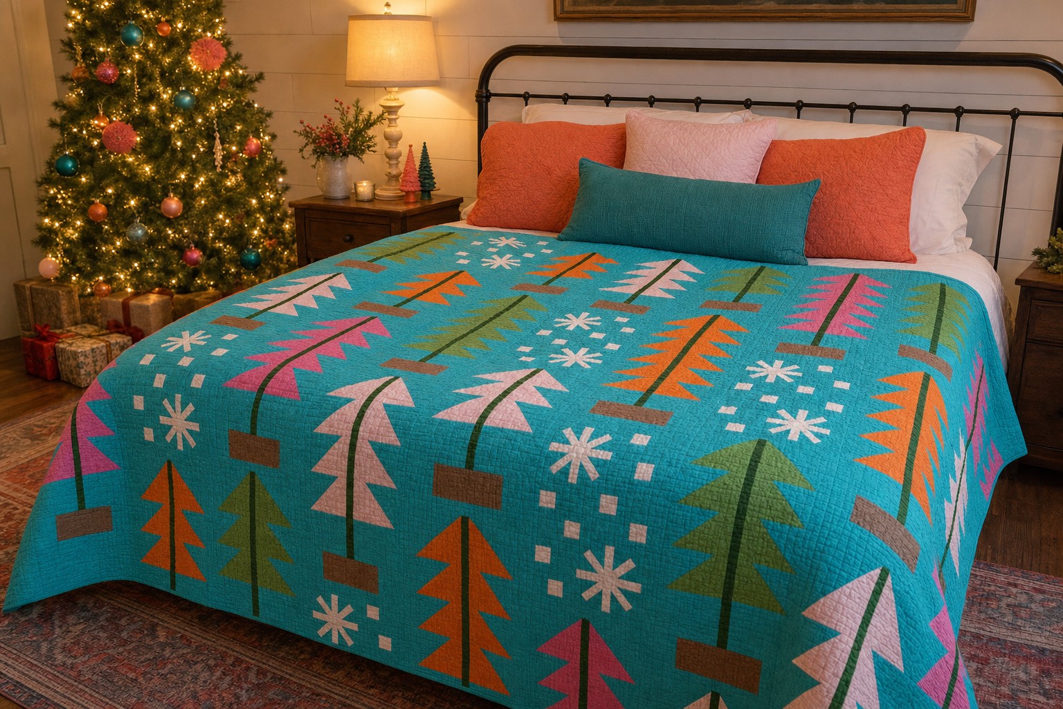 All Spruced Up quilt in its teal colorway in a coordinated Christmas bedroom