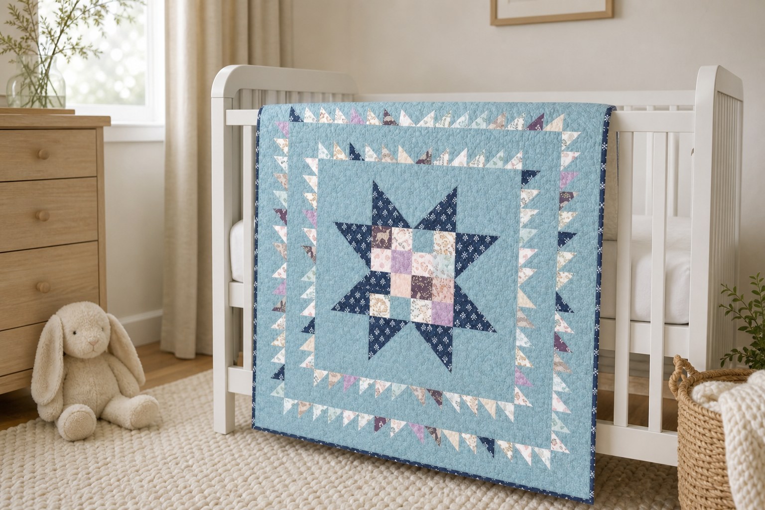Poppie Cotton Little Star quilt in its light blue colorway draped over a nursery crib