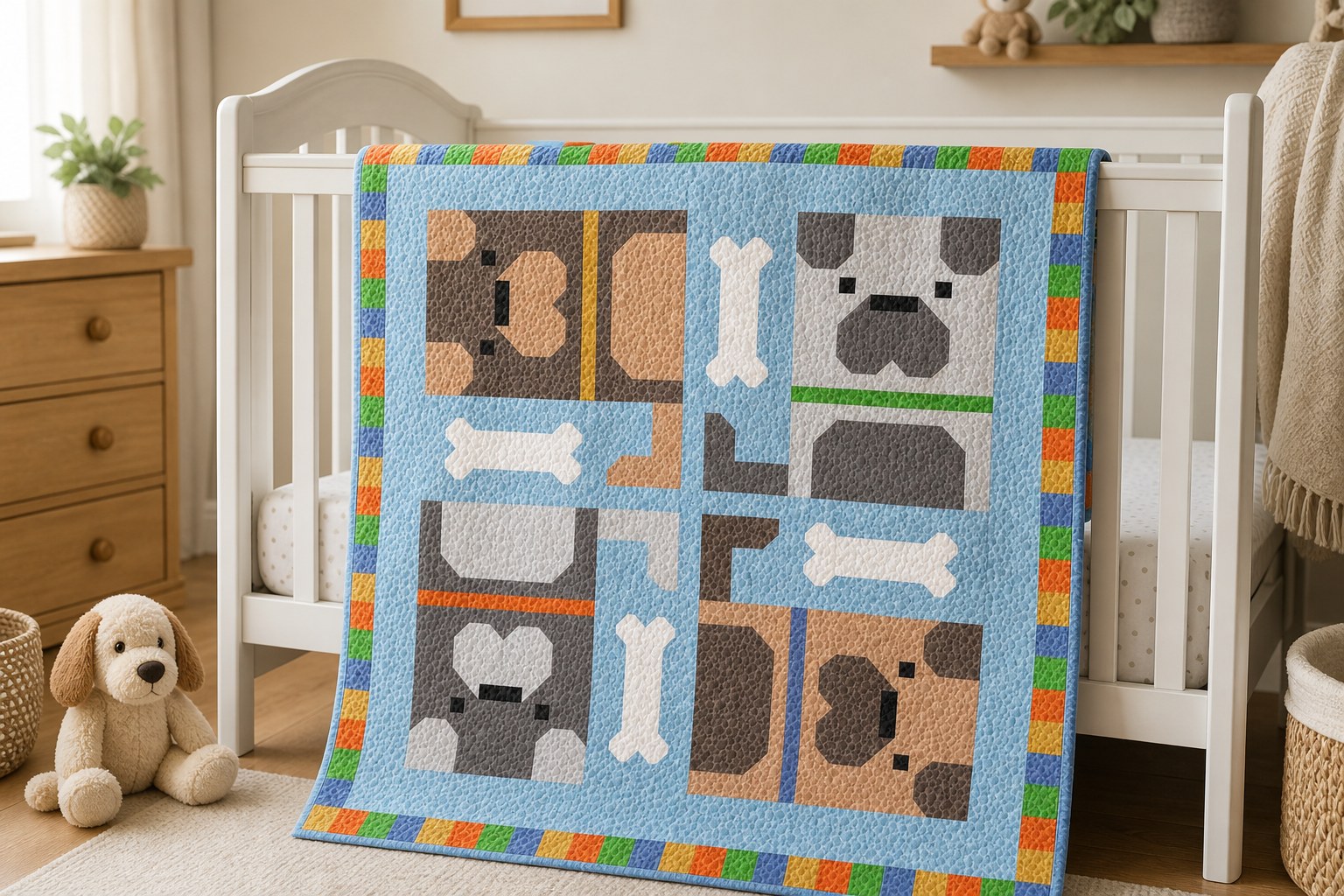 Dog Pile quilt in its light blue colorway draped over a nursery crib
