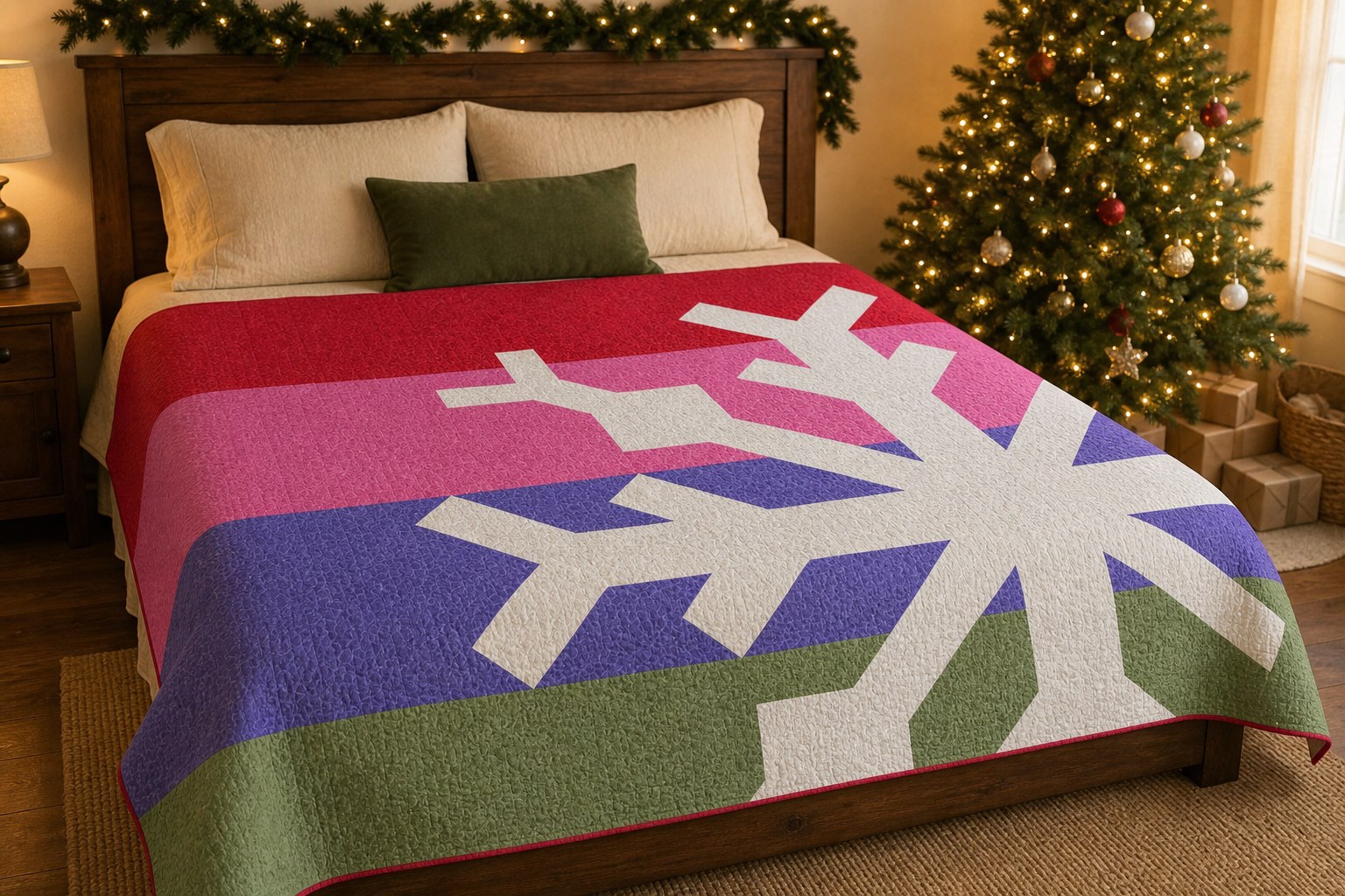 Snowflake quilt in a Christmas room, with the original edge-cut pattern