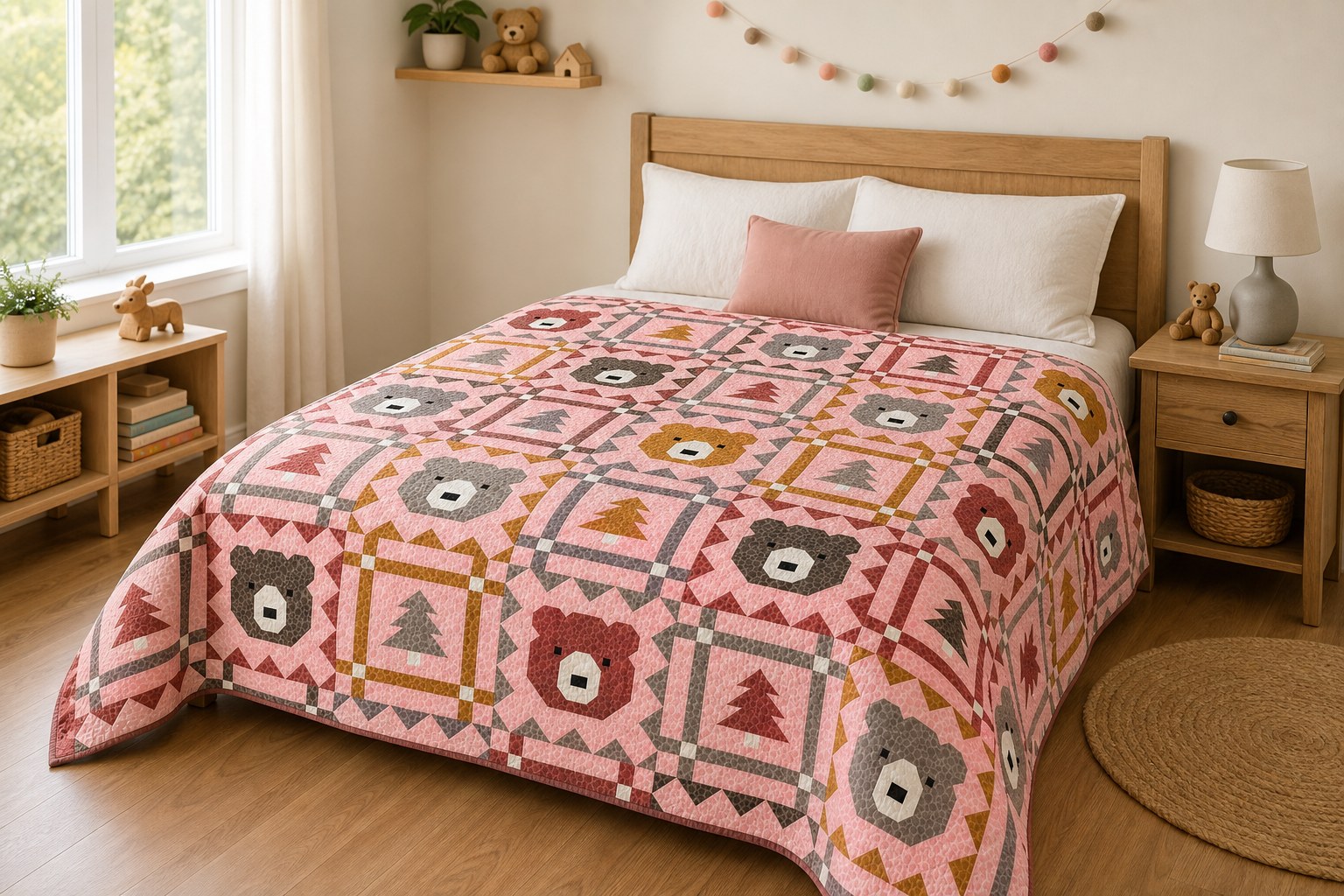 Pink patchwork quilt displayed on a queen bed in a child’s room