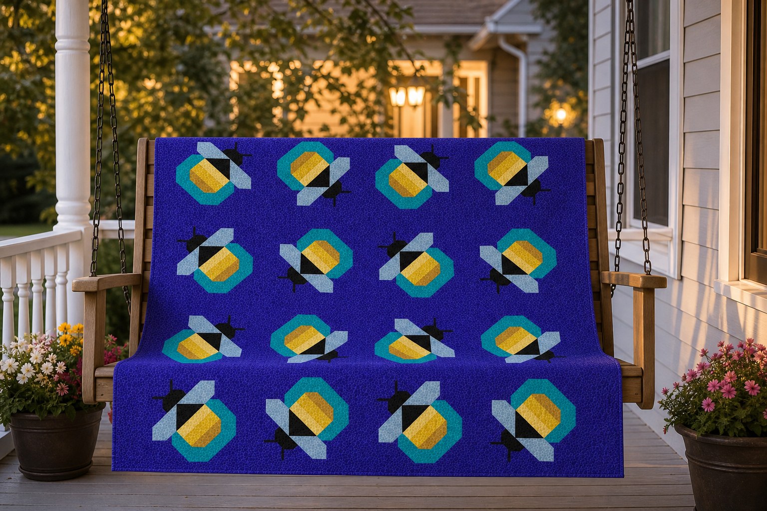 Firefly quilt in its royal blue colorway draped over a front porch swing
