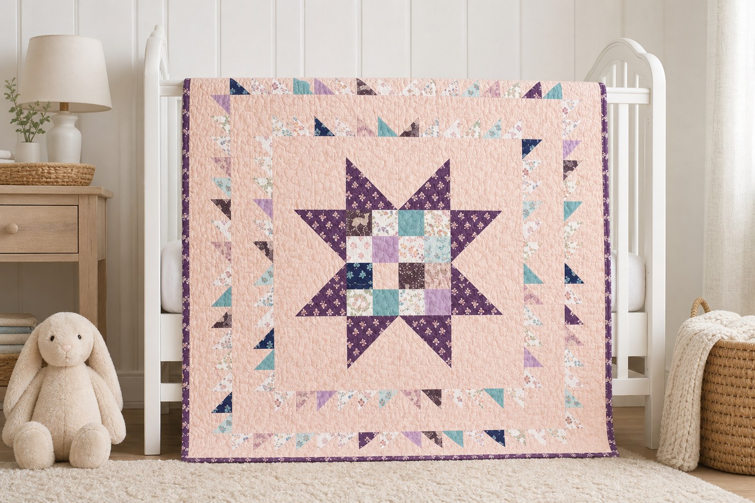 Poppie Cotton Little Star quilt in its pink colorway draped over a nursery crib