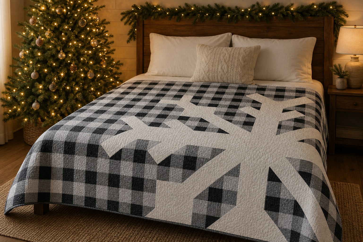 Snowflake quilt in a Christmas room, with the original edge-cut pattern