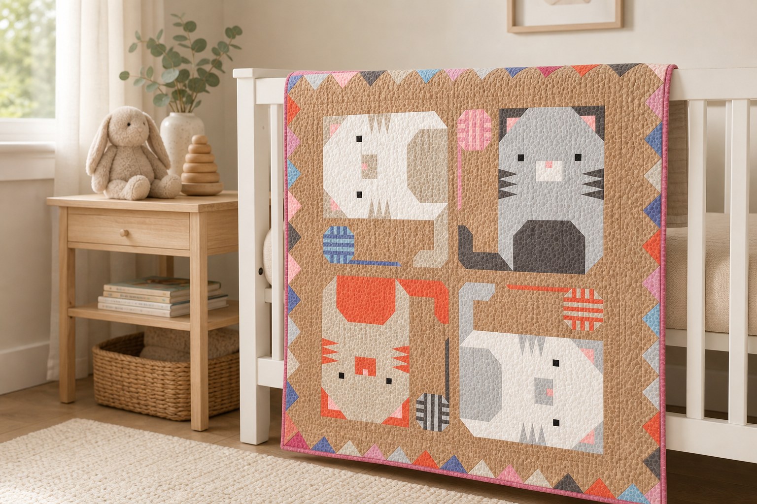 Kitten Around quilt in its neutral pink colorway draped over a nursery crib