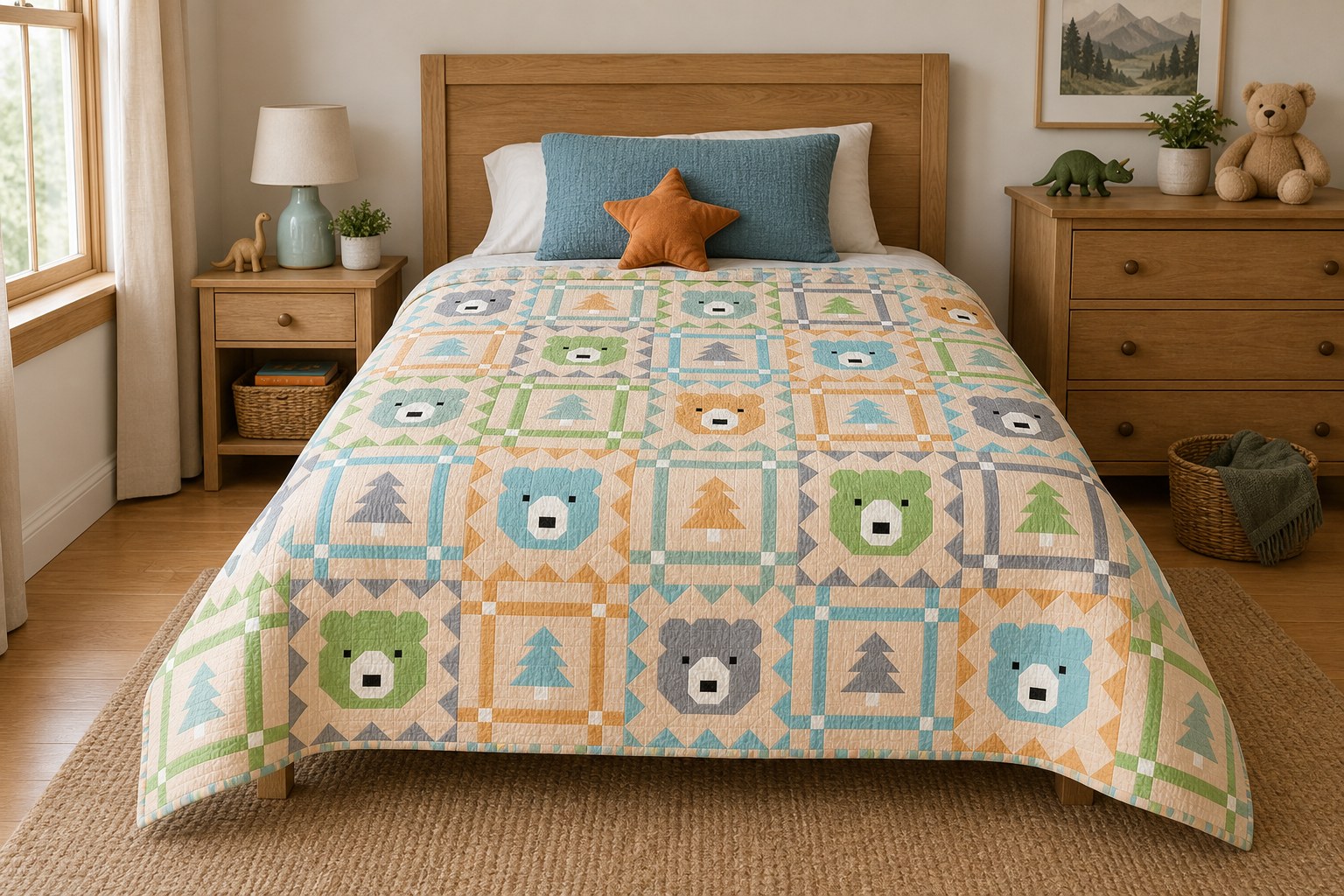 Grizzly Grove quilt in its pastel colorway on a queen bed in a child’s room