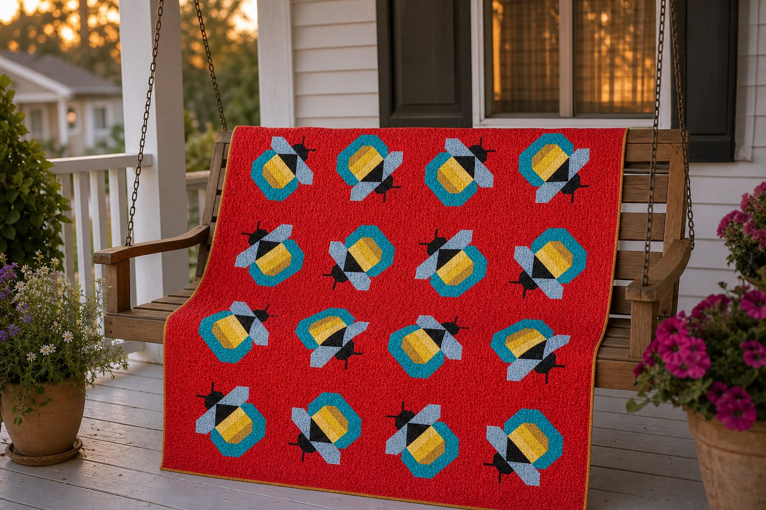Firefly quilt in its red colorway draped over a front porch swing
