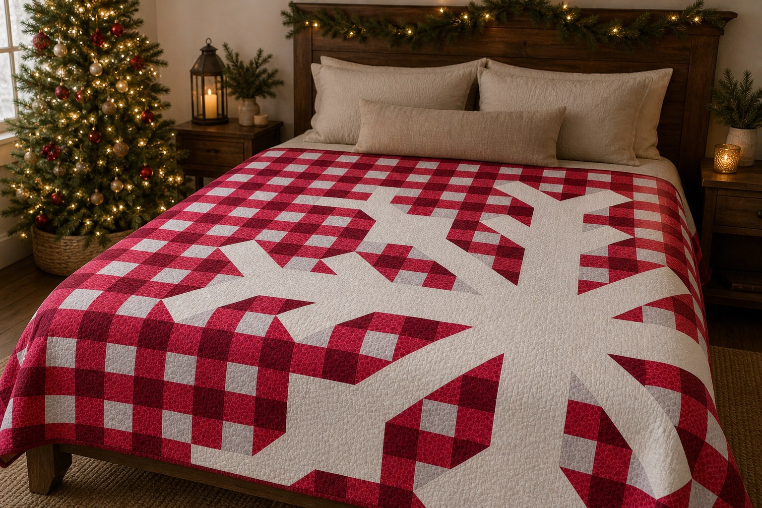 Snowflake quilt in a Christmas room, with the original edge-cut pattern