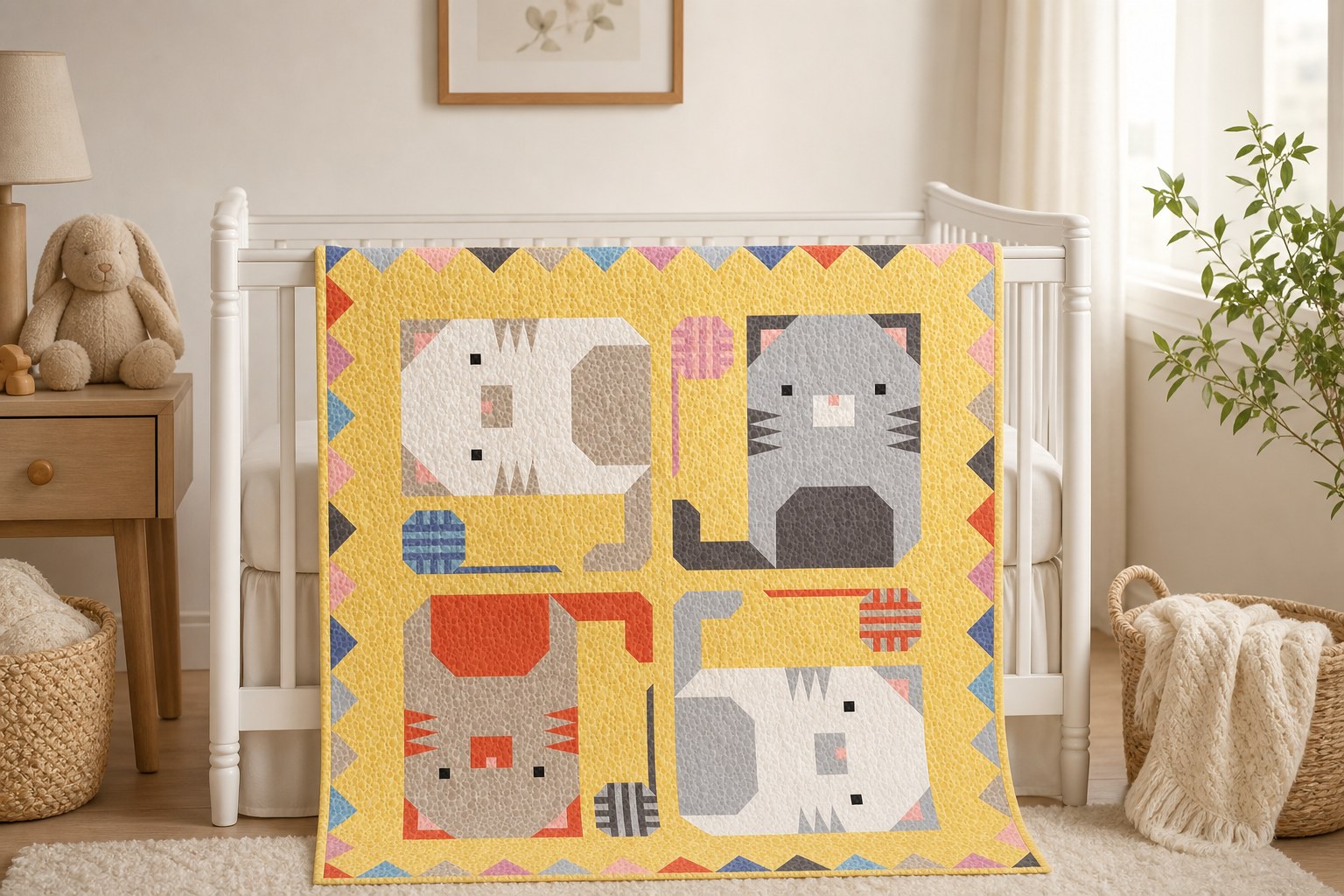 Kitten Around quilt in its sunny yellow colorway draped over a nursery crib