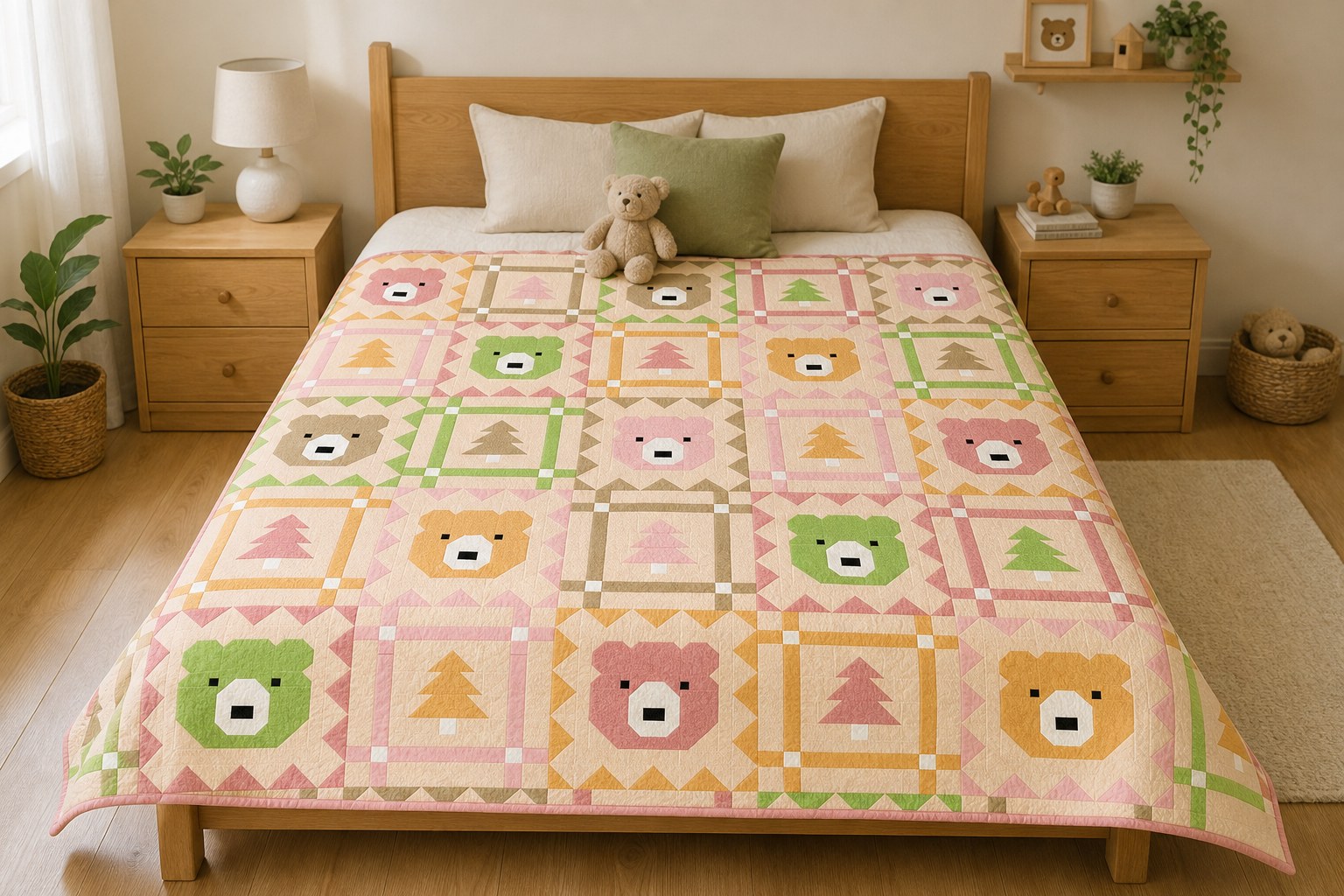 Grizzly Grove quilt in its blush colorway on a queen bed in a child’s room