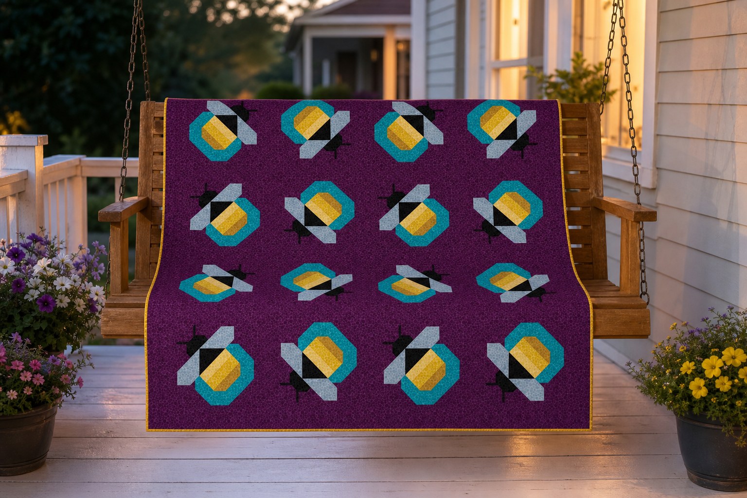 Firefly quilt in its plum colorway draped over a front porch swing