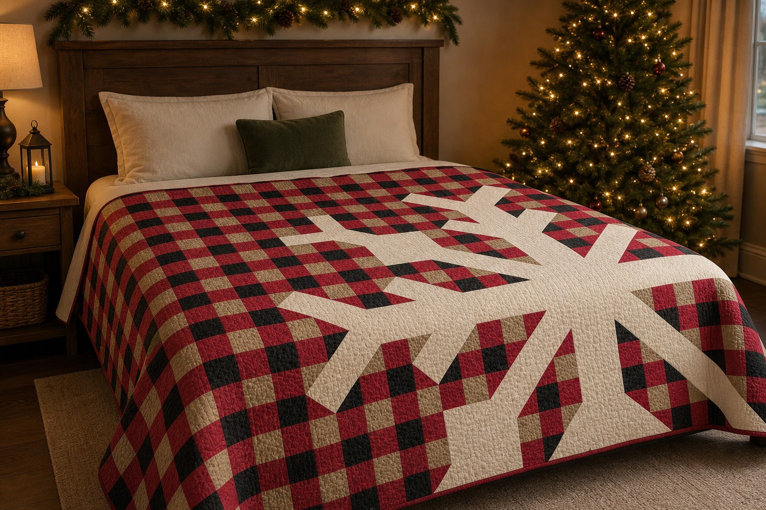 Snowflake quilt in a Christmas room, with the original edge-cut pattern