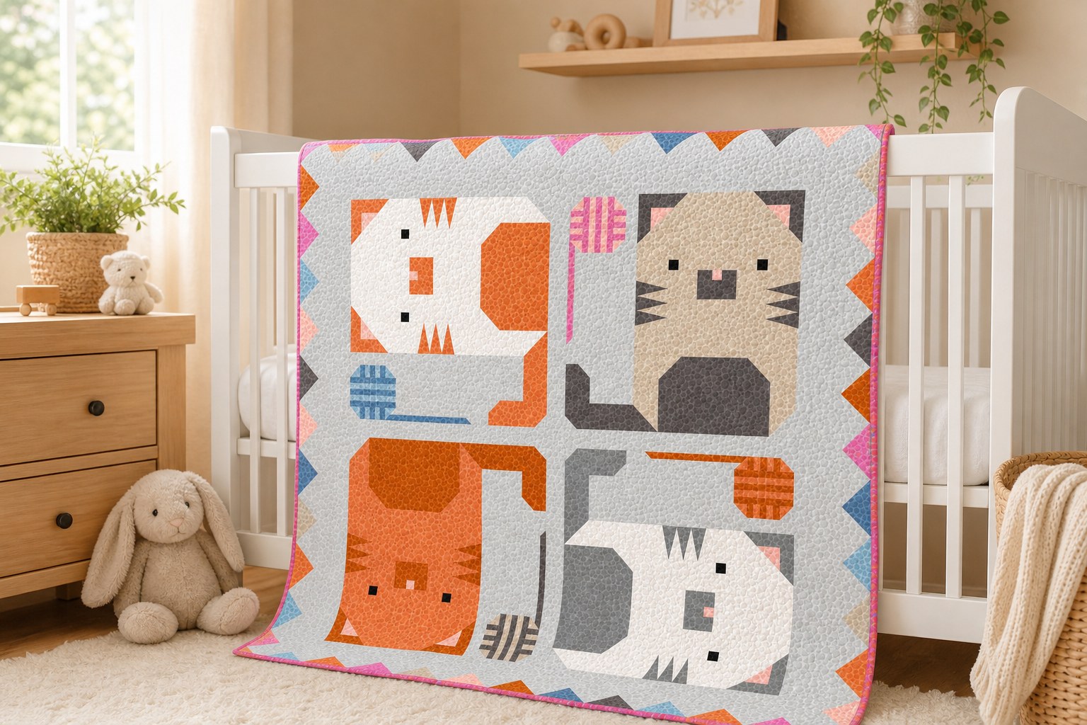 Kitten Around quilt in its gray and orange colorway draped over a nursery crib