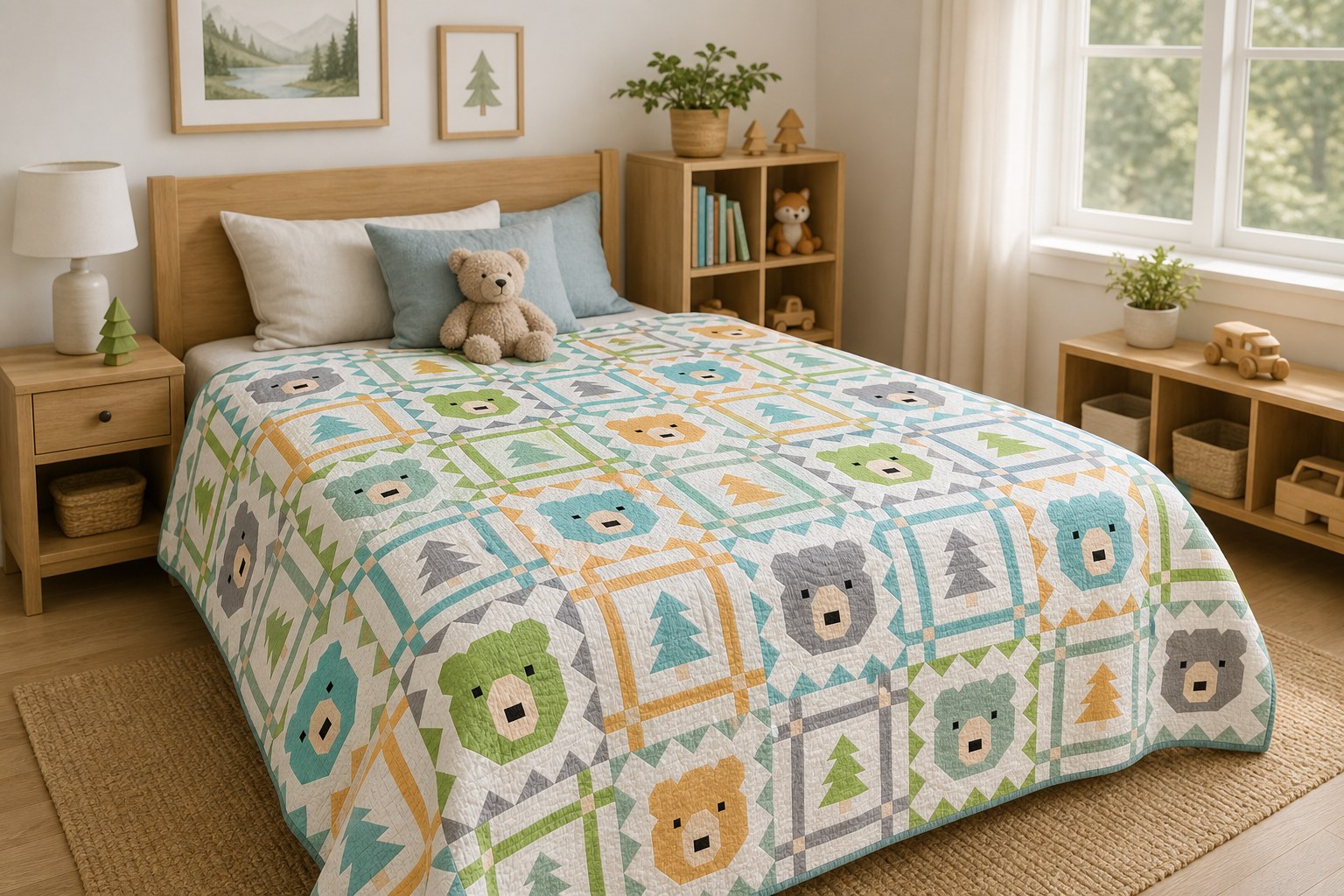 Grizzly Grove quilt in its light blue colorway on a queen bed in a child’s room