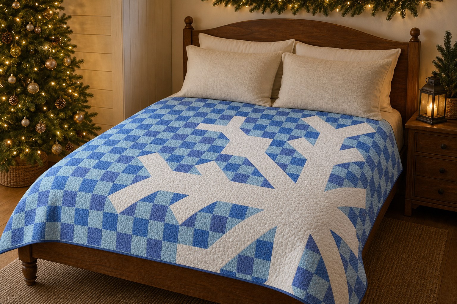 Snowflake quilt in a Christmas room, with the original edge-cut pattern