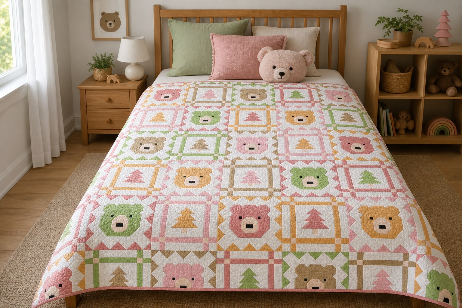 Grizzly Grove quilt in its bright pastel colorway on a queen bed in a child’s room