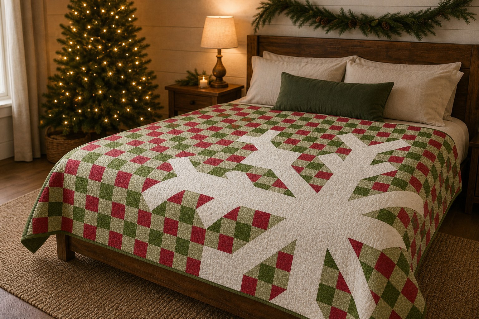 Snowflake quilt in a Christmas room, with the original edge-cut pattern