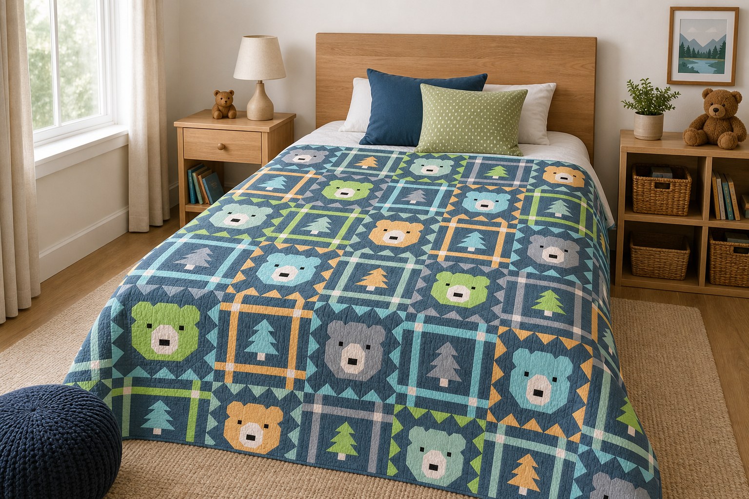 Grizzly Grove quilt in its navy colorway on a queen bed in a child’s room