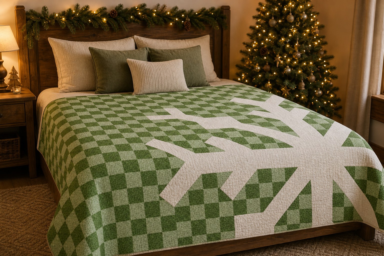 Snowflake quilt in a Christmas room, with the original edge-cut pattern