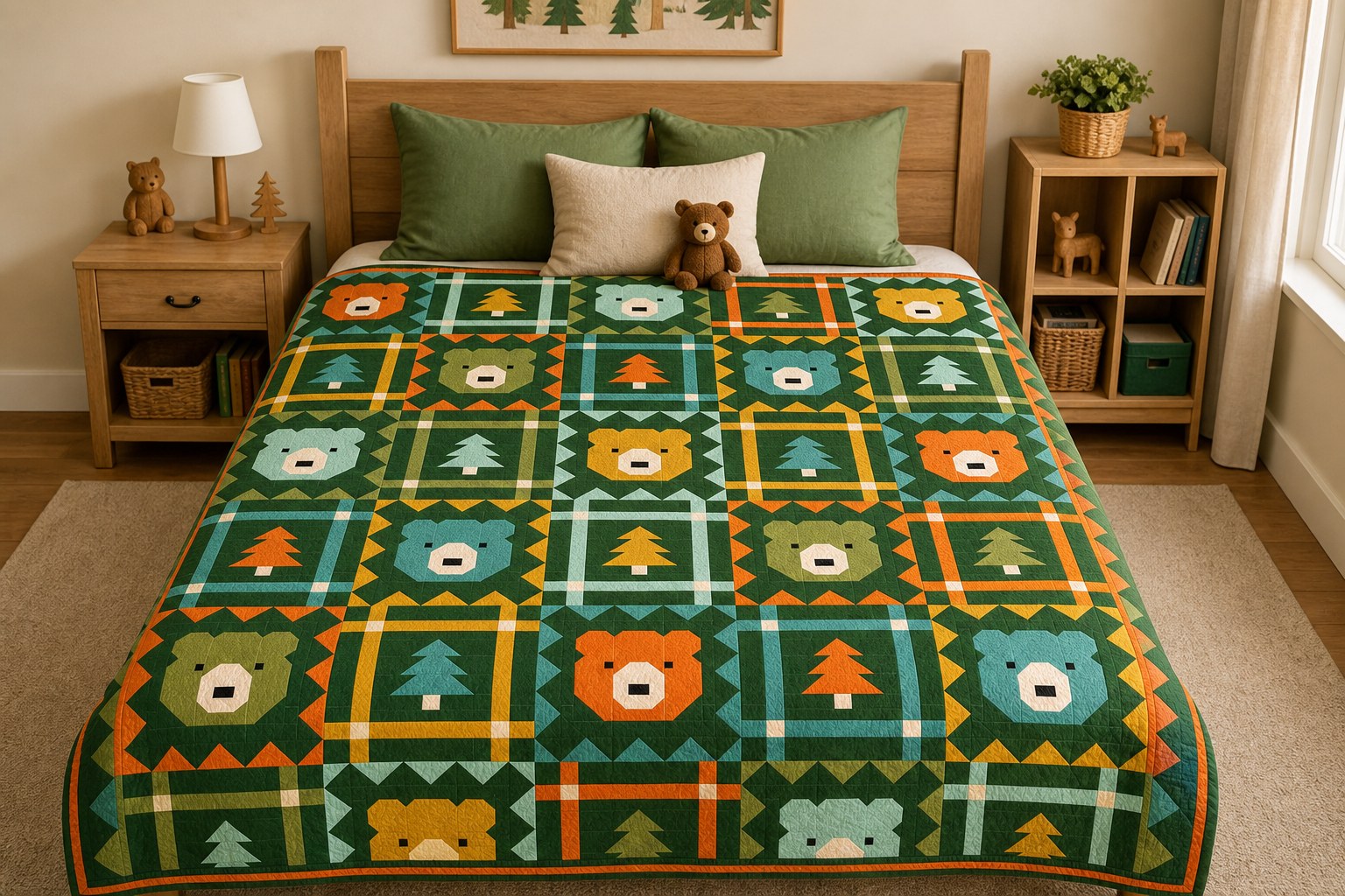 Grizzly Grove quilt in its forest green colorway on a queen bed in a child’s room