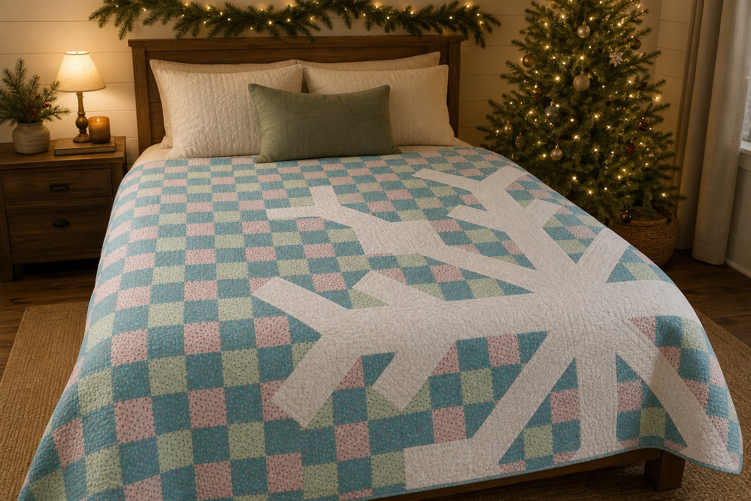 Snowflake quilt in a Christmas room, with the original edge-cut pattern