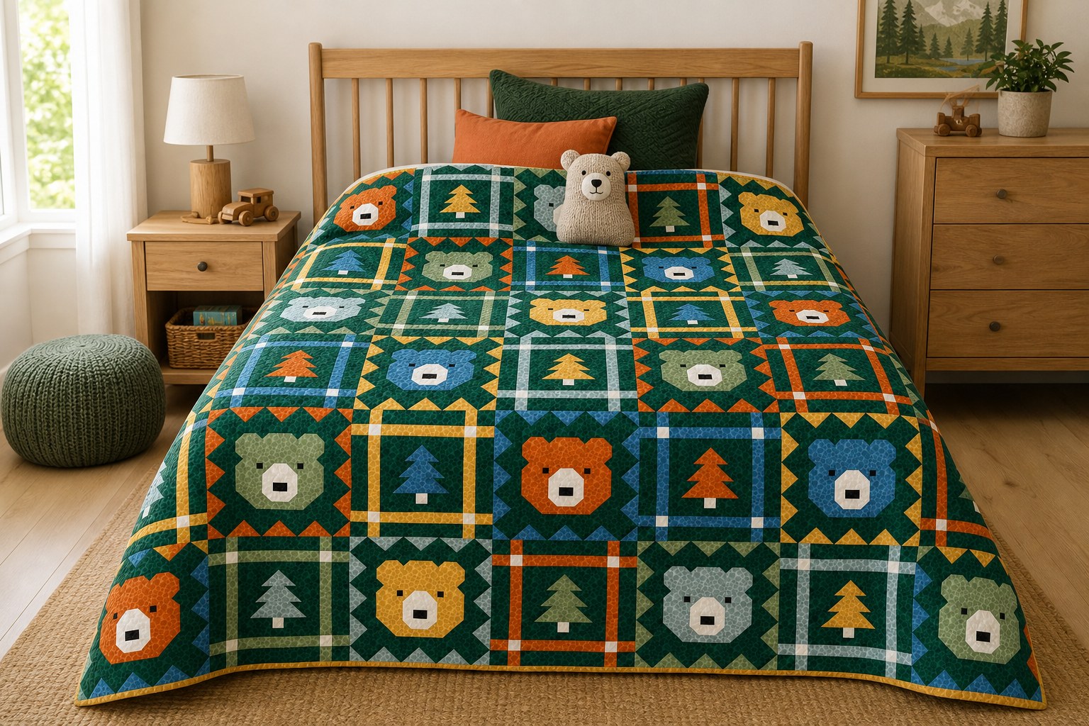 Grizzly Grove quilt in its deep blue and green colorway on a queen bed in a child’s room