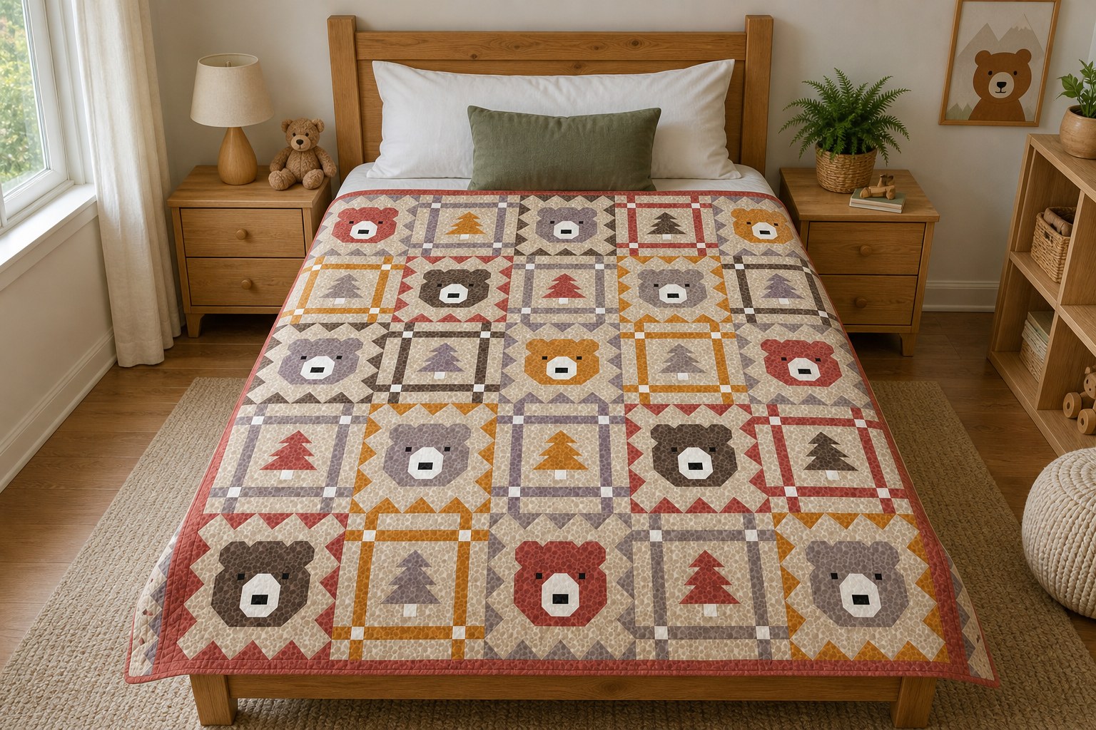 Grizzly Grove quilt in its neutral colorway on a queen bed in a child’s room