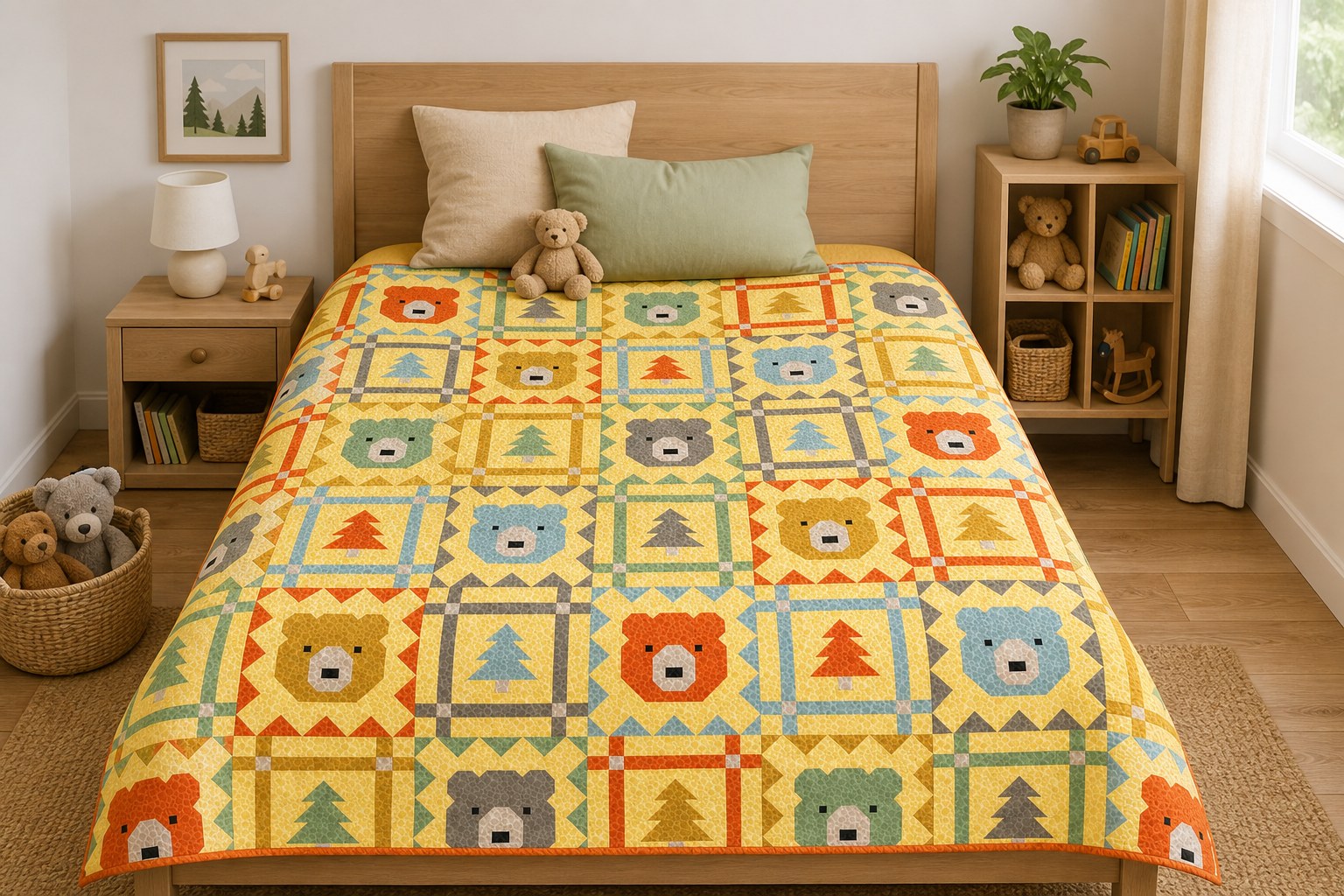 Grizzly Grove quilt in its sunshine yellow colorway on a queen bed in a child’s room