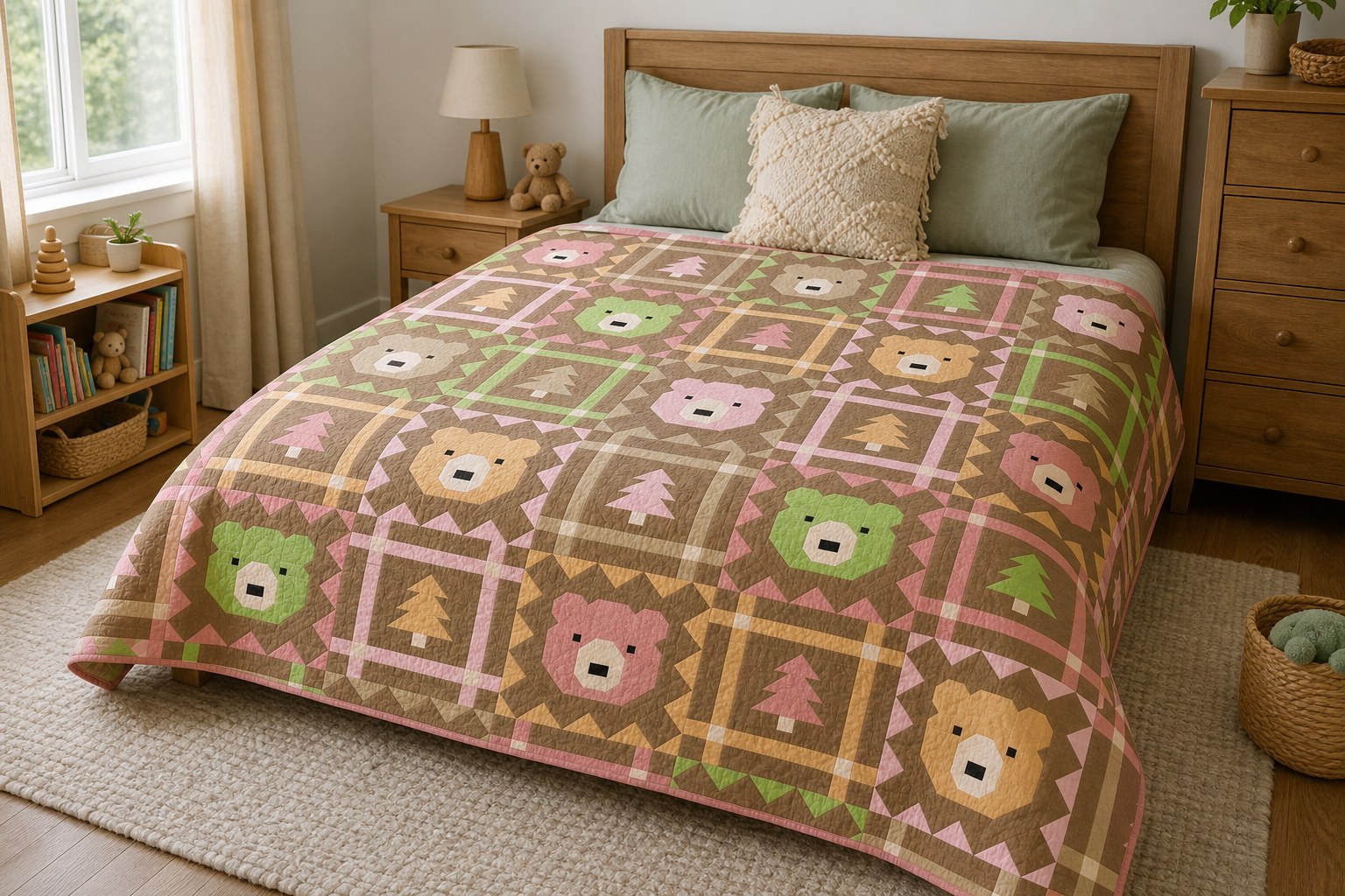 Grizzly Grove quilt in its woodland pastel colorway on a queen bed in a child’s room