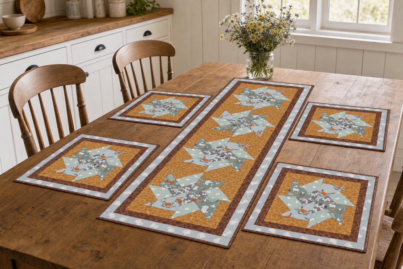 Lewis & Irene Country Life Reloved table runner and four placemats on a farmhouse breakfast table