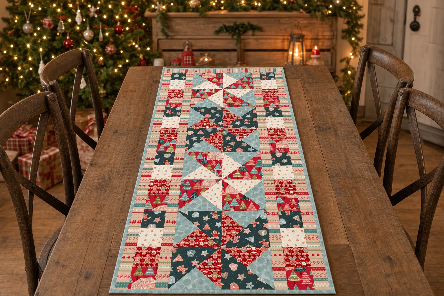 Lewis & Irene Gingerbread Season Table Runner 2 on a Christmas-decorated farmhouse table