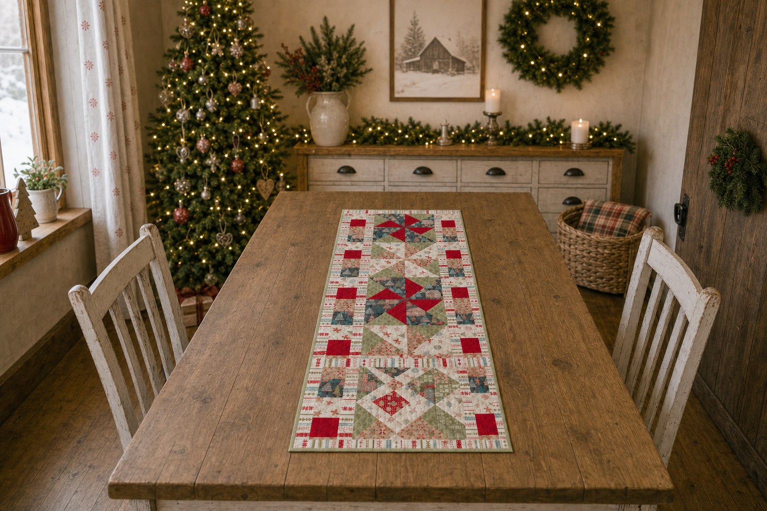 Lewis & Irene Gingerbread Season Table Runner 3 on a farmhouse table in a Christmas-decorated room