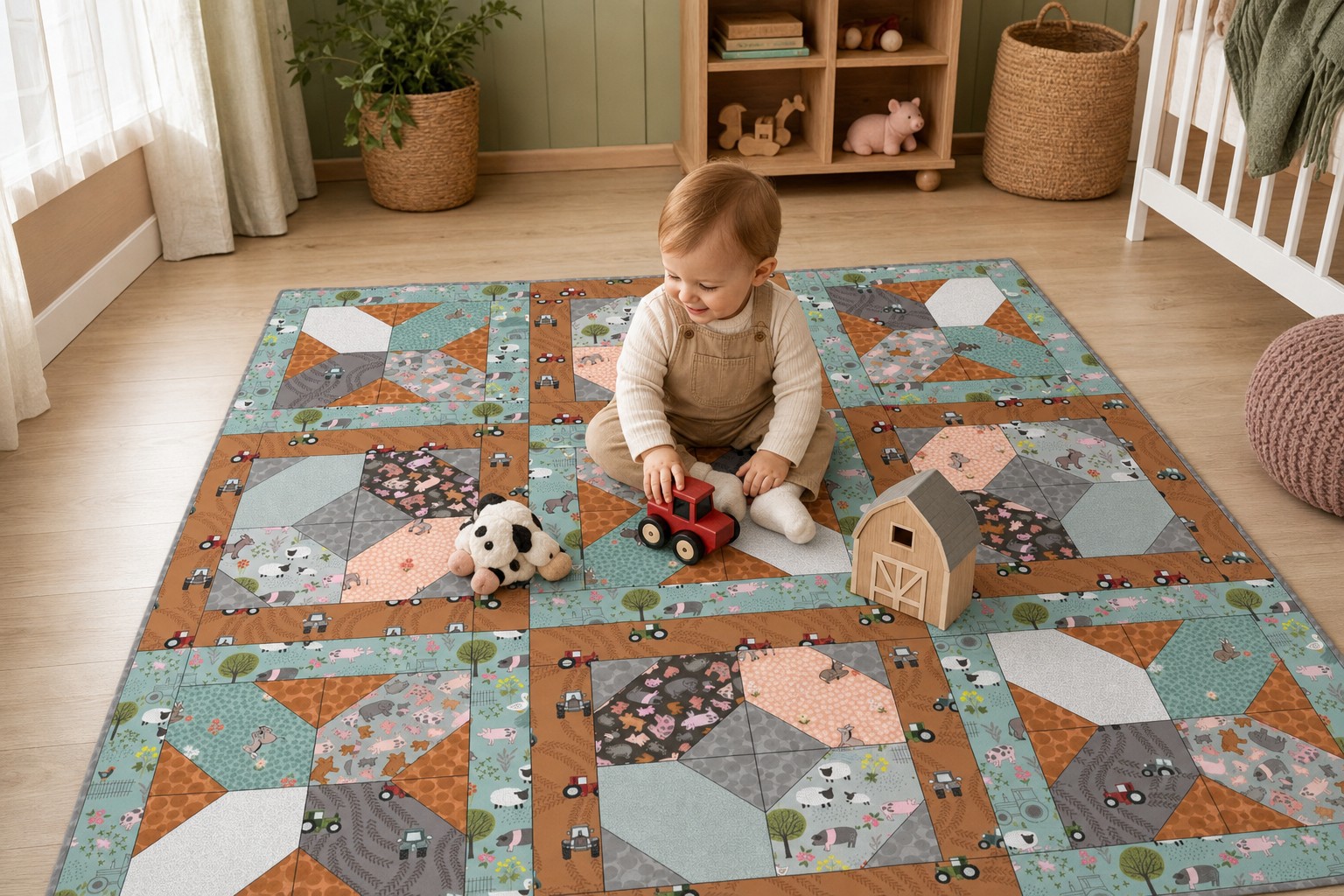 A one-year-old playing with farm toys on the 42-inch Piggy Tails playmat